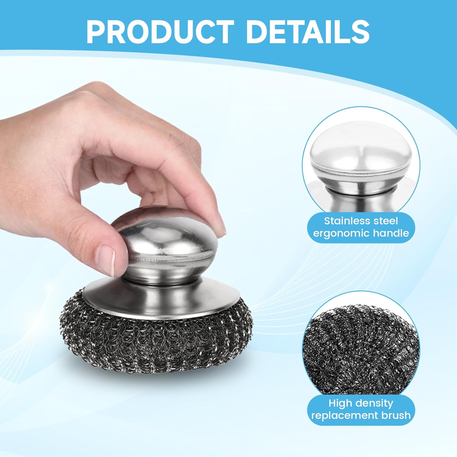 6Pcs Steel Wool Scrubber, Stainless Steel Scrubber with Handle for Cleaning Kitchen and Household Stubborn Messes from Stoves Pans Pots Grill Sink with Replacement Wire Brush Set (3 Pcs+3 Replacement)