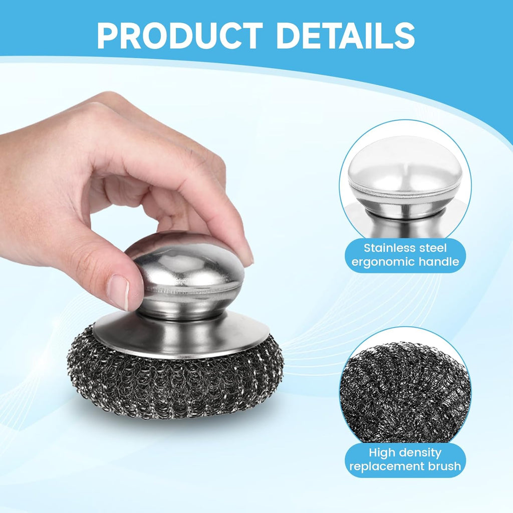 6Pcs Steel Wool Scrubber, Stainless Steel Scrubber with Handle for Cleaning Kitchen and Household Stubborn Messes from Stoves Pans Pots Grill Sink with Replacement Wire Brush Set (2 Pcs+4 Replacement)