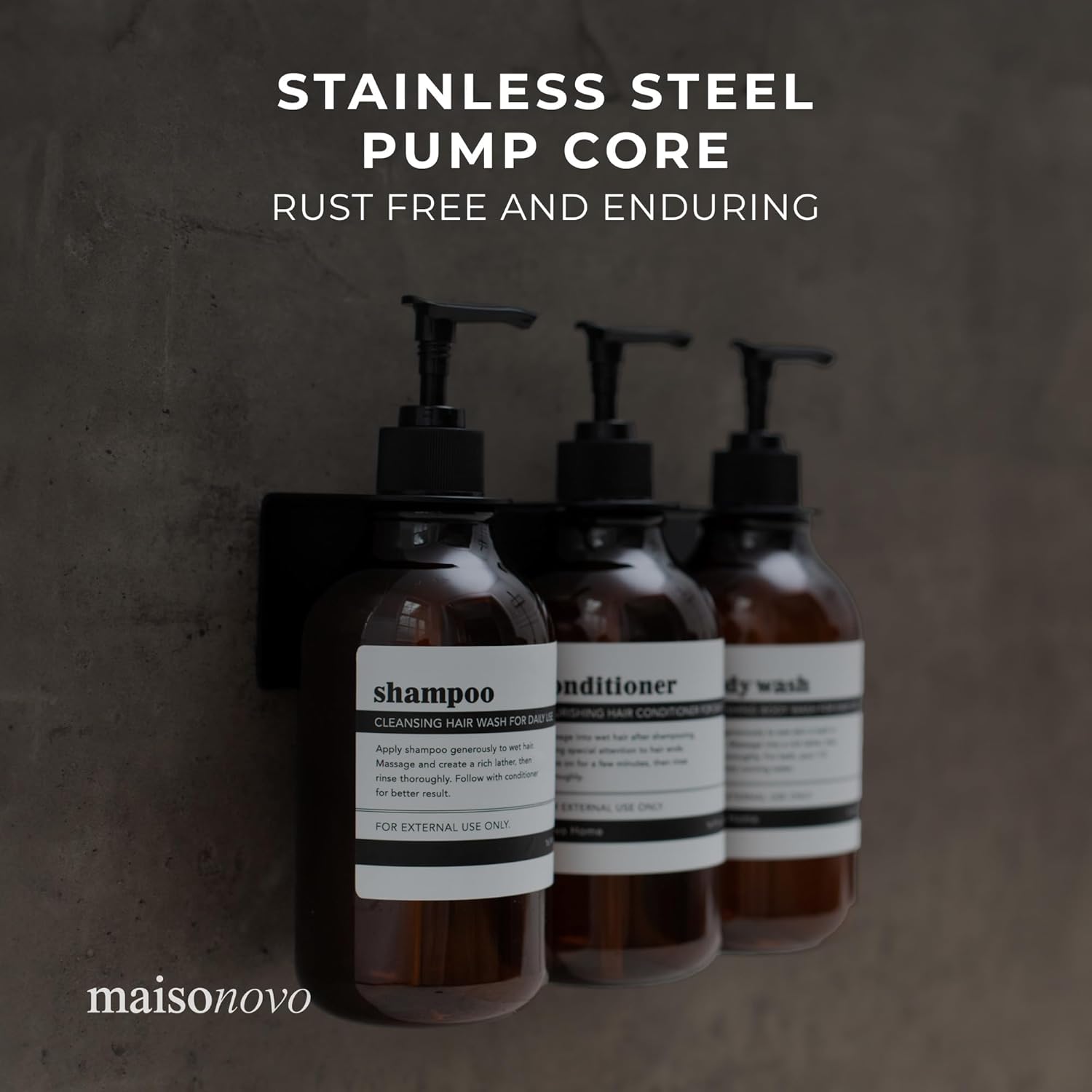 MaisoNovo Shampoo and Conditioner Dispenser - Shower Soap Dispenser Wall Mounted - 16.9 fl oz Set of 2 Amber Plastic Bottles Black Pump - Shampoo Dispenser, Shower Dispenser 2 Chamber No Drill