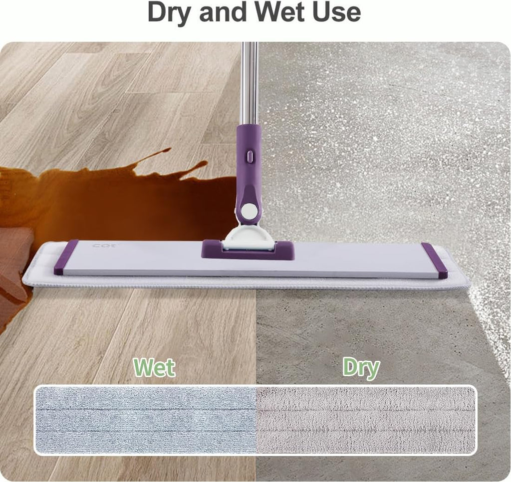 CQT Commercial Flat Microfiber Floor Mop Cleaning System 18" Inch Wet Dry and Dust Hardwood with 4 Washable Pads Cleaner for Laminate Tile Stainless Steel Handle and Extension (PT13-WET)