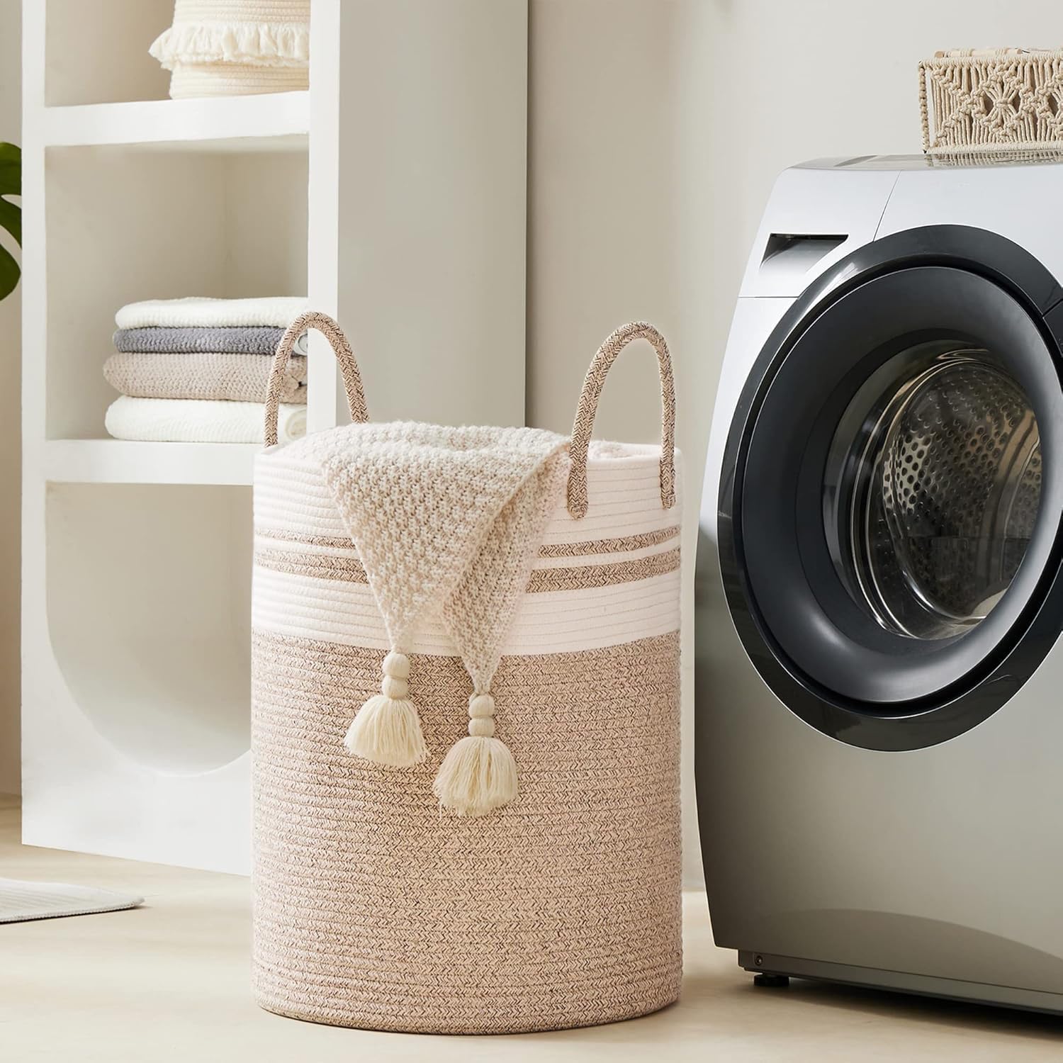 YOUDENOVA Woven Rope Laundry Hamper Basket, 100L Tall Laundry Basket, Baby Nursery Hamper for Blanket Storage, Clothes Hamper for Laundry in Bedroom-Extra Large-Brown