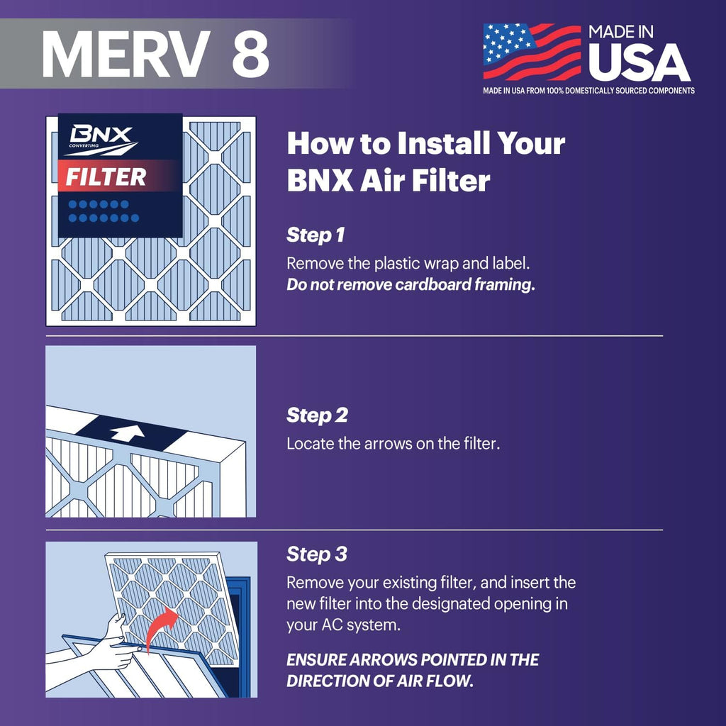 BNX TruFilter 20x20x1 Air Filter MERV 8 (6-Pack) - MADE IN USA – Dust & Pet Defense Electrostatic Pleated Air Conditioner HVAC AC Furnace Filters for Dust, Pet, Mold, Pollen MPR 600 – 700 & FPR 5