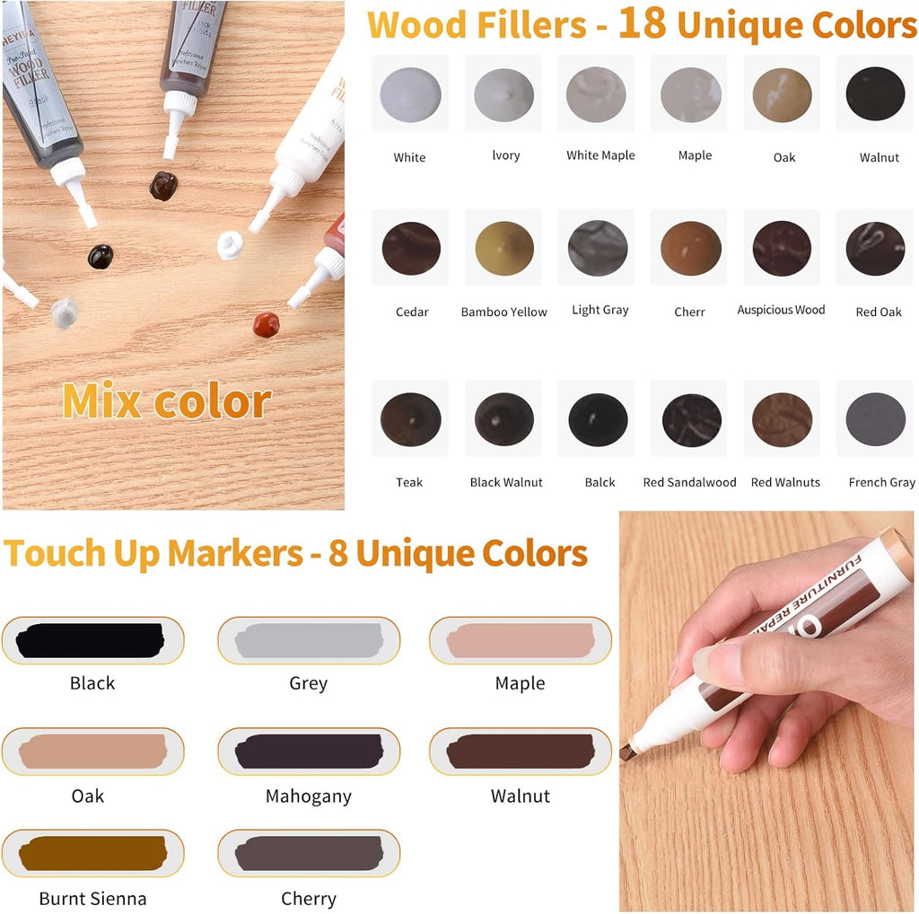 Wood Floor Scratch Repair - Set of 39 - Hardwood Floor Repair Kit Wood Filler Putty, Wood Markers Furniture Repair Kit Touch Up Pens for Scratch Stain Hole, Restore Laminate Vinyl Veneer Cabinet