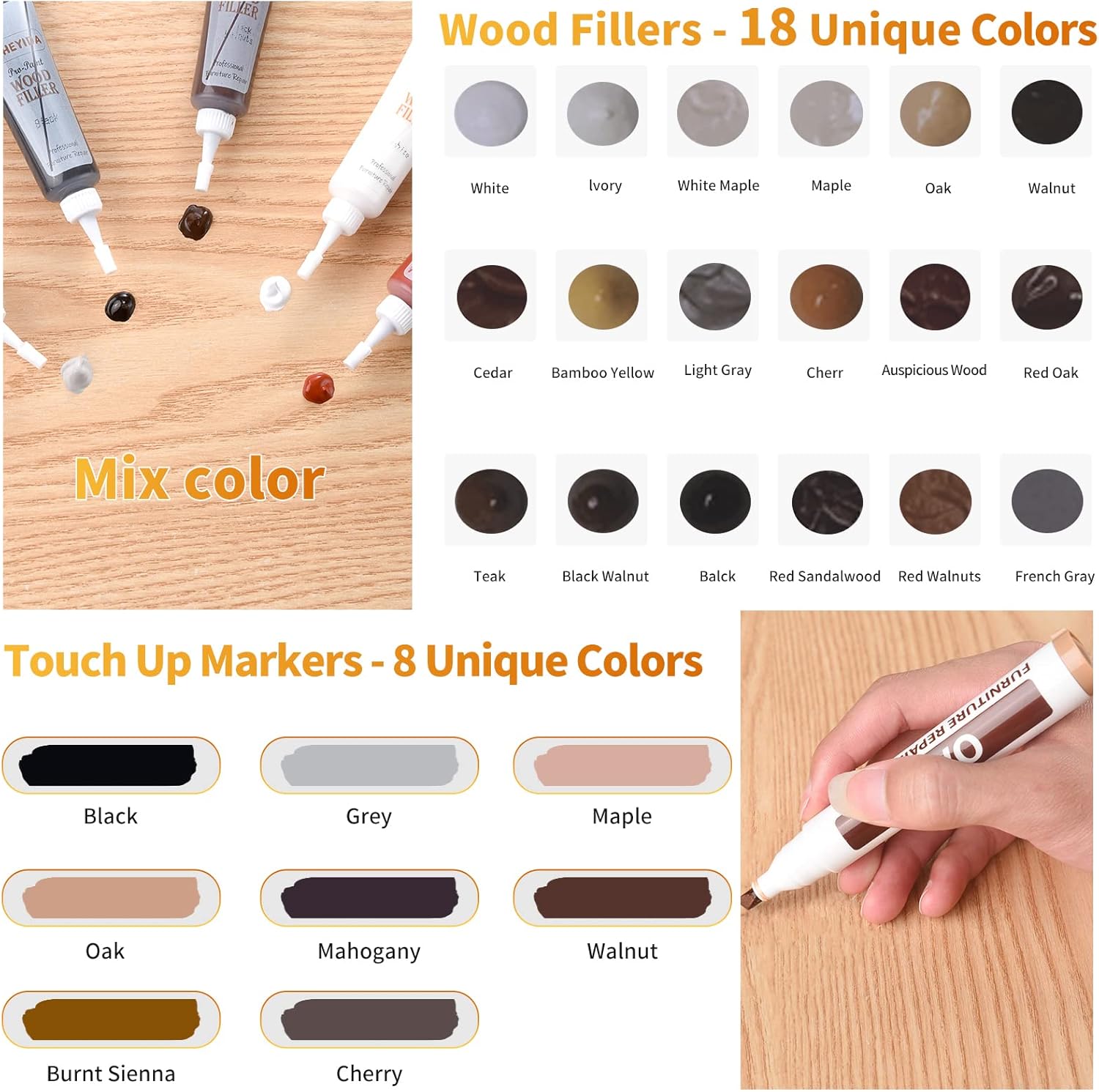 Wood Floor Scratch Repair - Set of 39 - Hardwood Floor Repair Kit Wood Filler Putty, Wood Markers Furniture Repair Kit Touch Up Pens for Scratch Stain Hole, Restore Laminate Vinyl Veneer Cabinet