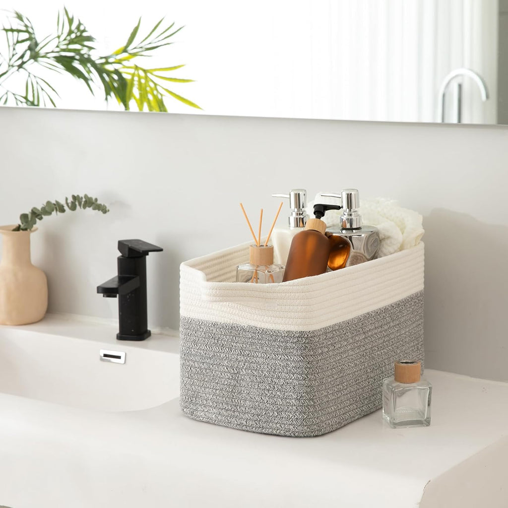 OIAHOMY 3 Pack Storage Basket for Organizing, 13''X9.85''X8.7'' Storage Bins,Woven Basket Basket with Handles, Toy Storage Basket Bin,Stylish Room Decor Basket, White & Grey variegated