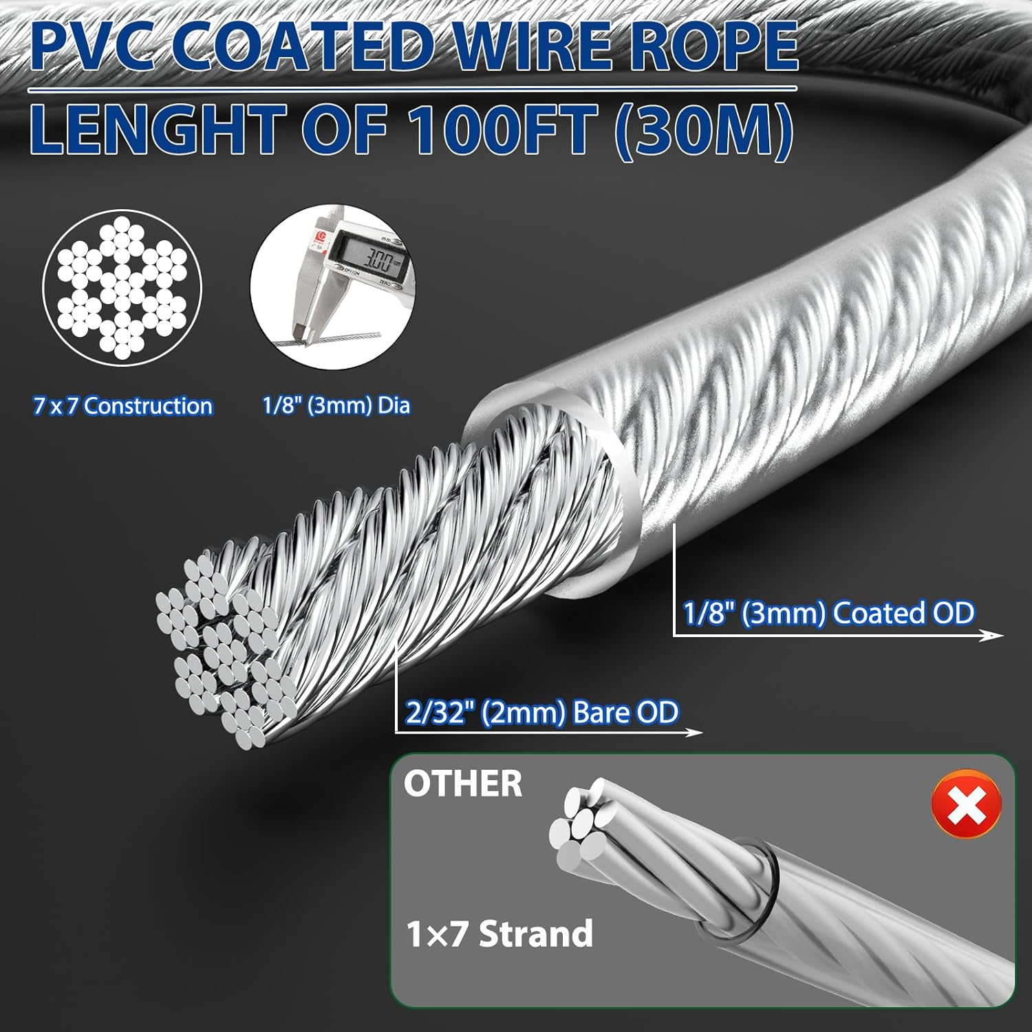 1/8" Wire Rope Kit, 100 Ft PVC Coated Steel Cable Guide Wire Tensioner Strainer Kit w/ 7×7 Strand Core Steel Wire for String Light Hanging Kit/Decking & Stair Railings/Shade Sails/Clothes Line