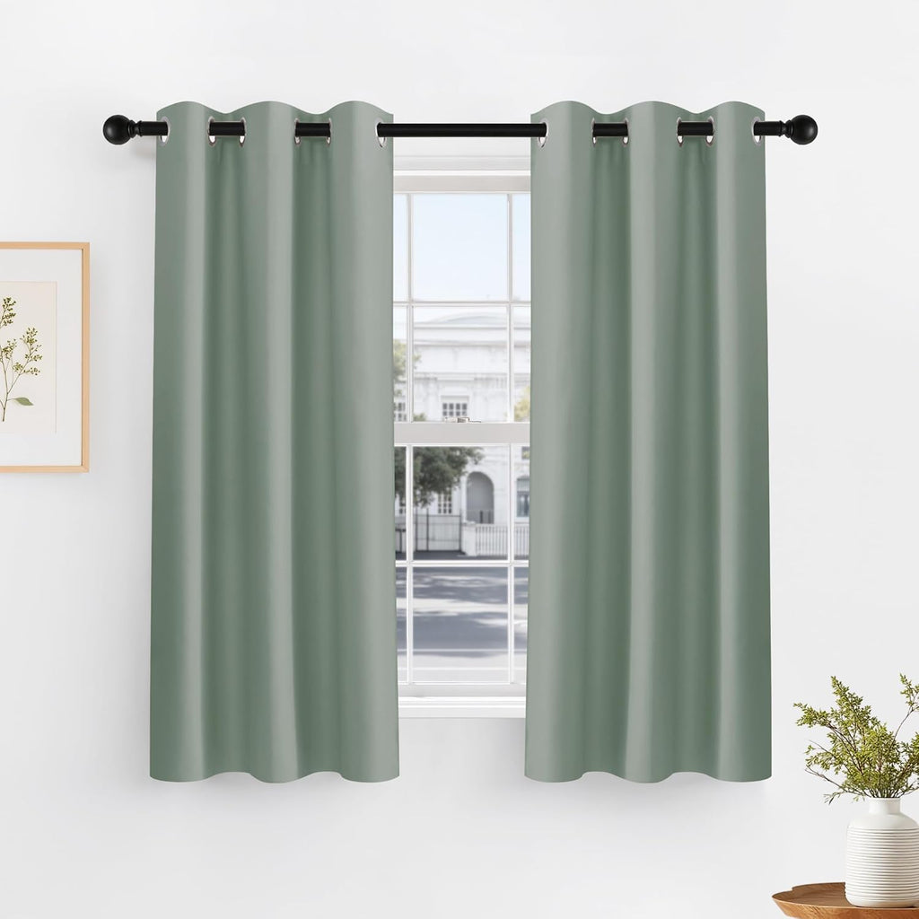 PONY DANCE Sage Green Short Blackout Curtains for Kitchen 45 Inch Length, Thermal Insulated Grommet Curtains for Bedroom, Black Out Drapes for Bathroom Small Window (2 Panels Set, 34 inches Wide)