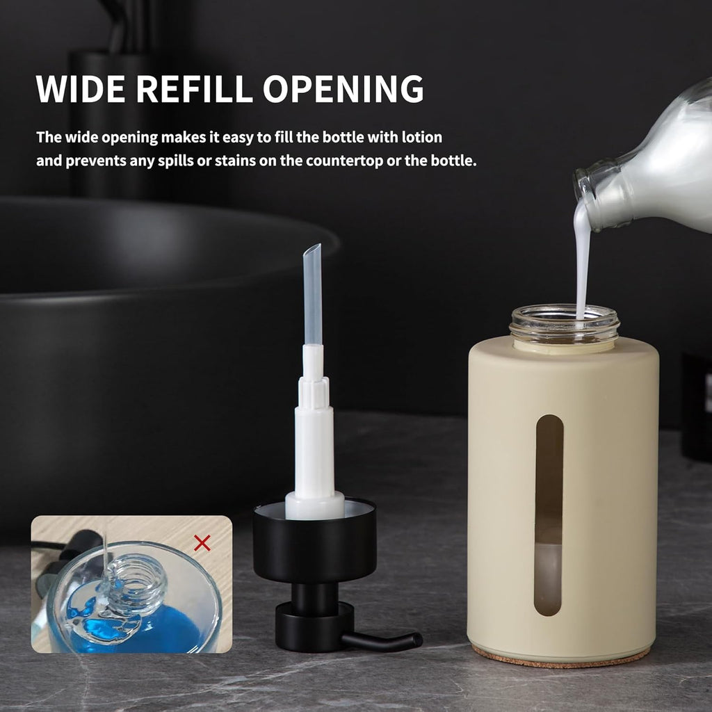 Enra Thick Glass Foaming Soap Dispenser with Clear Window,12oz Bathroom Soap Dispenser with Stainless Steel Pump, Modern Boho Refillable Pump Bottle for Bathroom Kitchen (Beige/Foam Type)