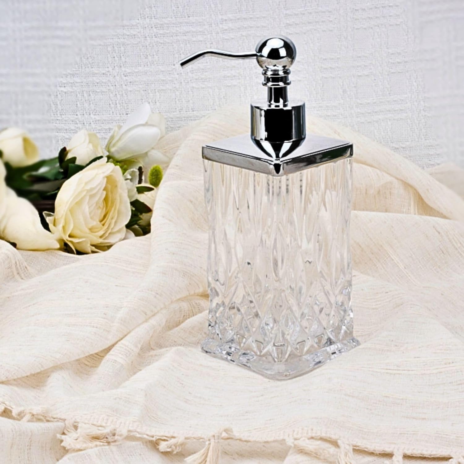 10Oz Clear Glass Soap Dispenser,Handcrafted Lead-Free Glass,Hand Sanitizer Dispenser with Silver Pump for Kitchen and Bathroom,Elegant Bathroom Decor(Square)