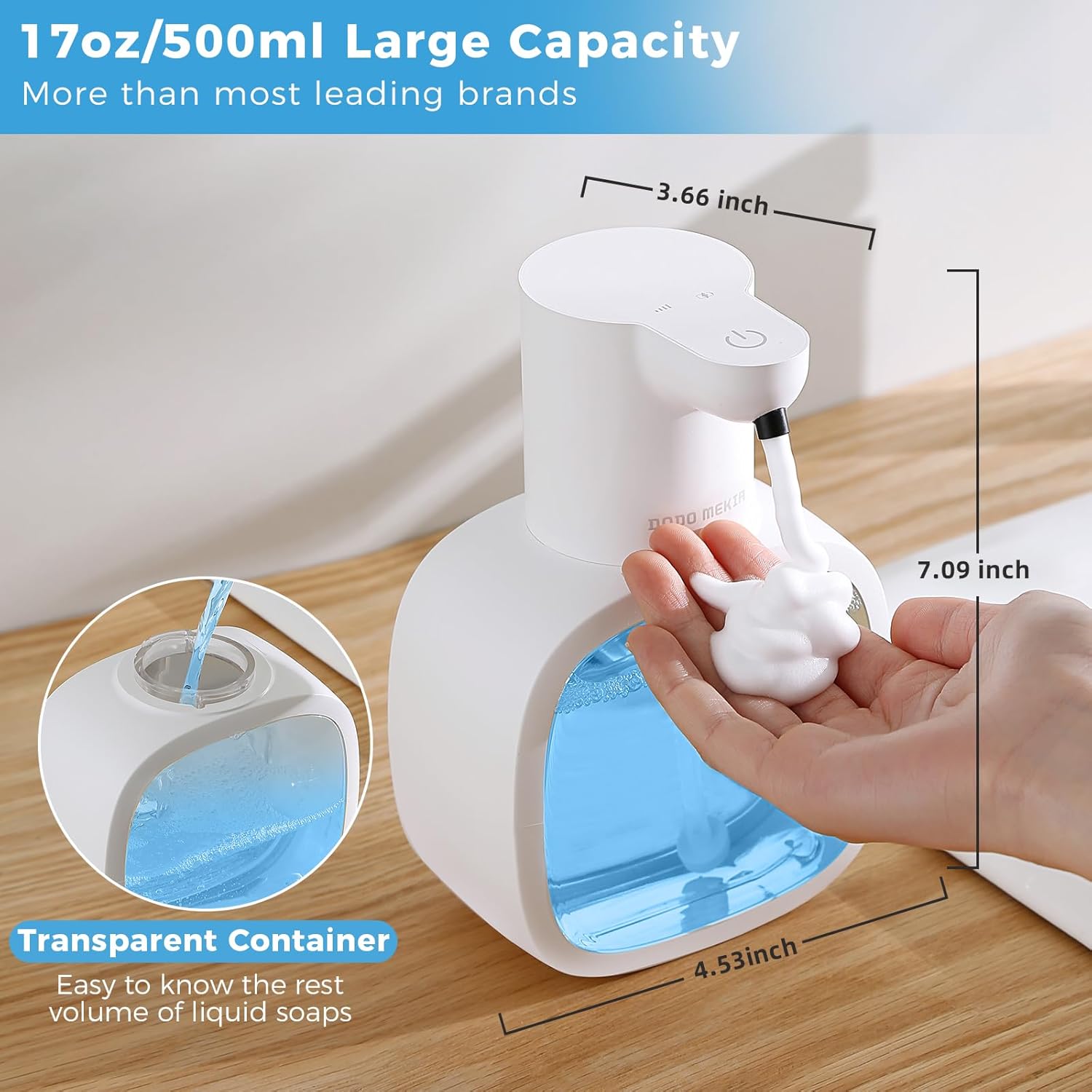 Automatic Foaming Soap Dispenser, 17oz/500ml Touchless Rechargeable with 4-Level Adjustable & IPX5 Waterproof - Level Display for Wall/Tabletop Use in Bathroom, Kitchen, White