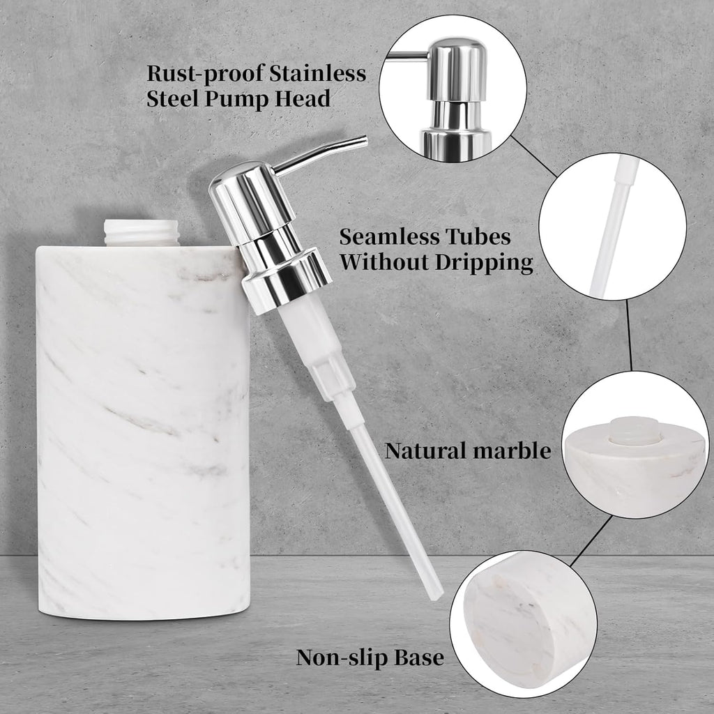 Marble Soap Dispenser with Stainless Steel Pump, White Hand Liquid Soap Dispenser, 6 Ounces for Bathroom
