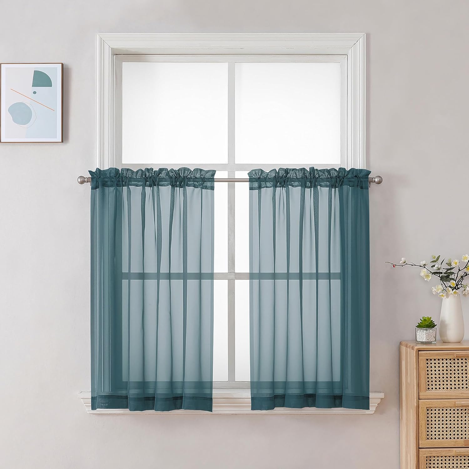 Chyhomenyc Stone Blue Sheer Curtains 30 inch Length 2 Panels, Light Filtering Voile Rod Pocket Short Window Curtians for Bathroom Living Room Farmhouse Small Windows, 42Wx30L inches