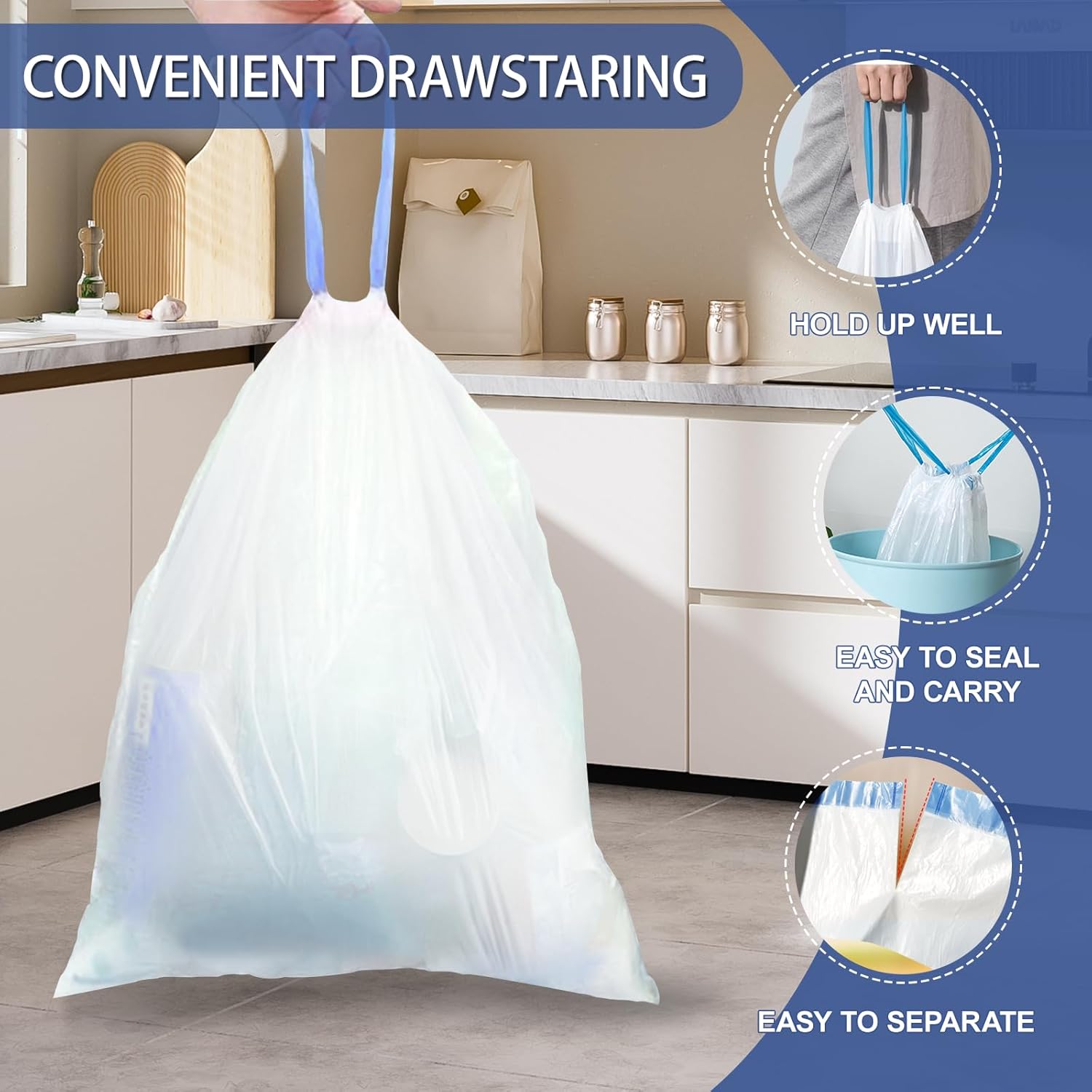 150 Count 4 Gallon Trash Bags Drawstring - 1.1 Mil Heavy Duty Small Garbage Bags Unscented for Bathroom, 15 Liter Thick Plastic Wastebasket Liners for Toilet Office and Bedroom