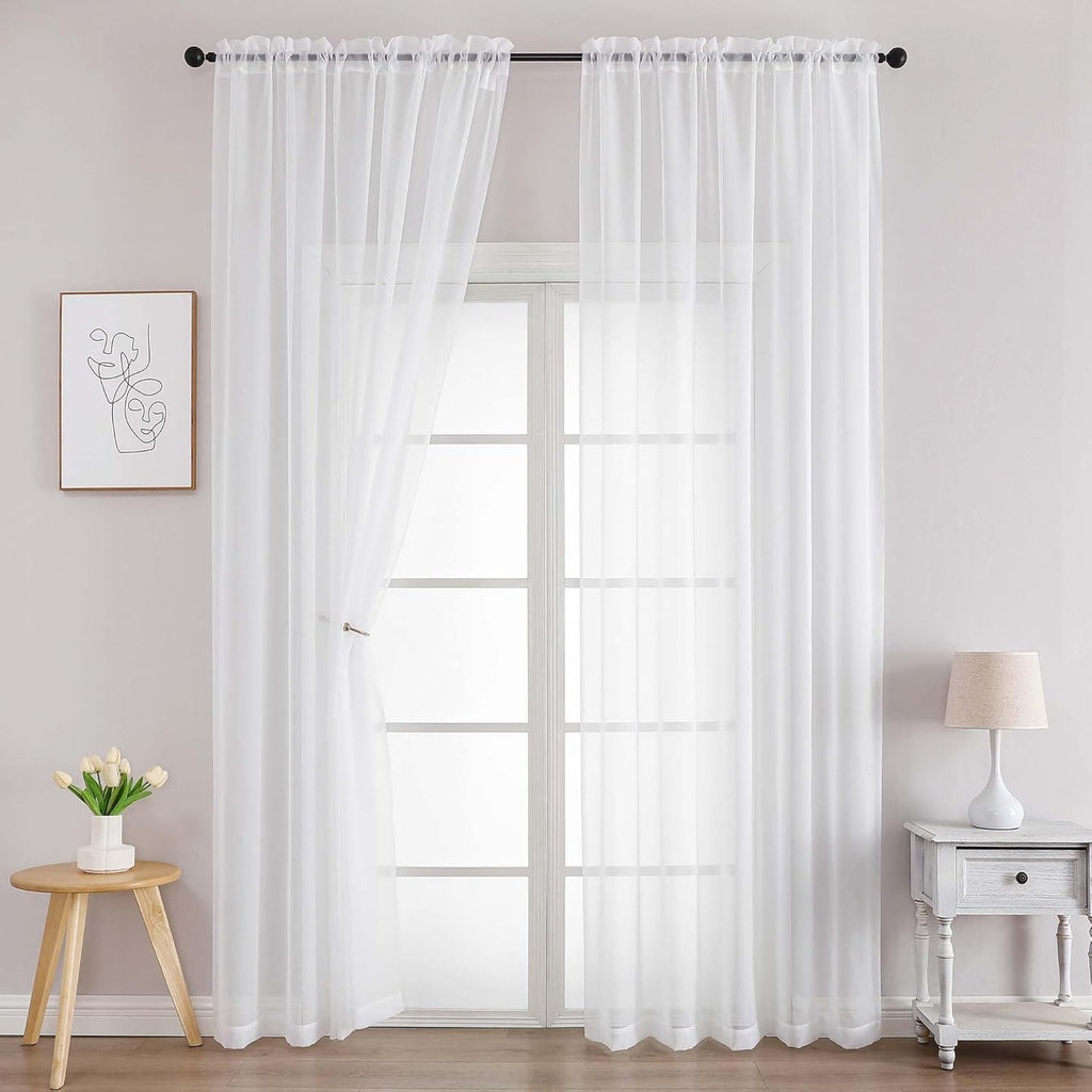 Chyhomenyc White Sheer Curtains 96 Inches Long 2 Panels, Light Filtering White Curtains for Living Room, Soft Gentle Voile Rod Pocket Bedroom Window Drapes, 59Wx96L Inch, 2PCS