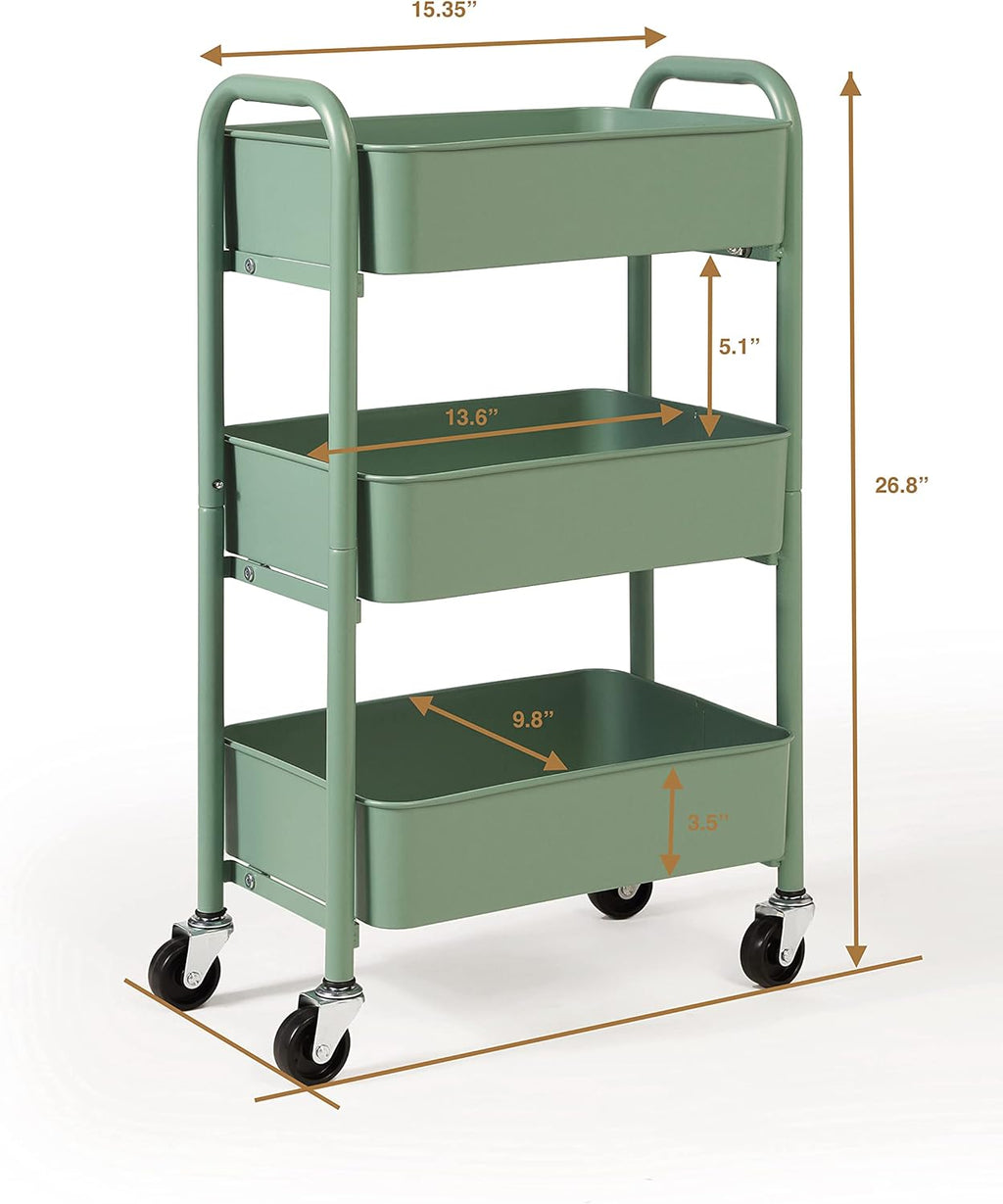 SunnyPoint 3-Tier Delicate Compact Rolling Metal Storage Organizer - Mobile Utility Cart Kitchen/Under Desk Cart with Caster Wheels - Turq (15.35" X 10.24" X 26.8"H)