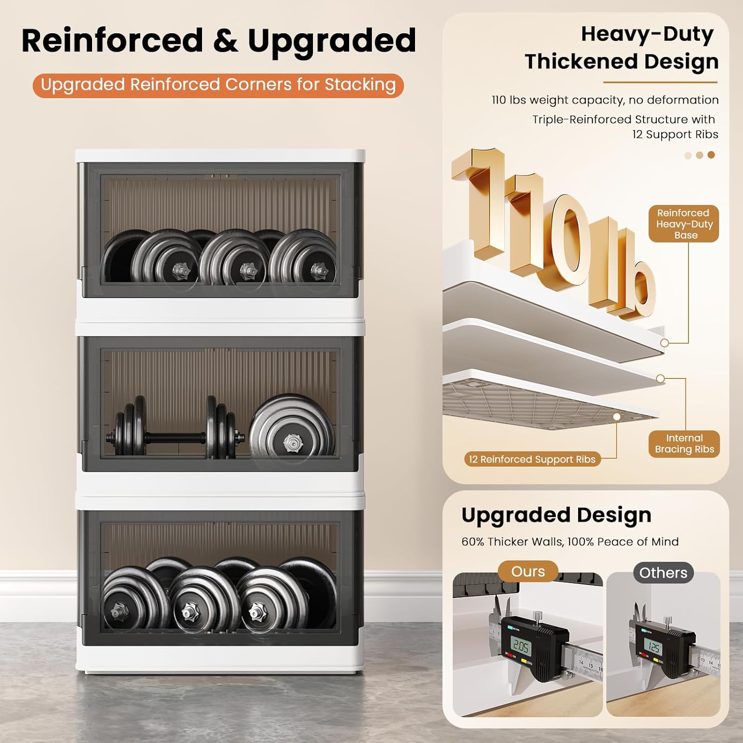 8.4Gal Collapsible Storage Bins with Lids & Wheels - 6 Pack Stackable with Doors, Heavy-Duty Plastic Containers for Home/Office, White