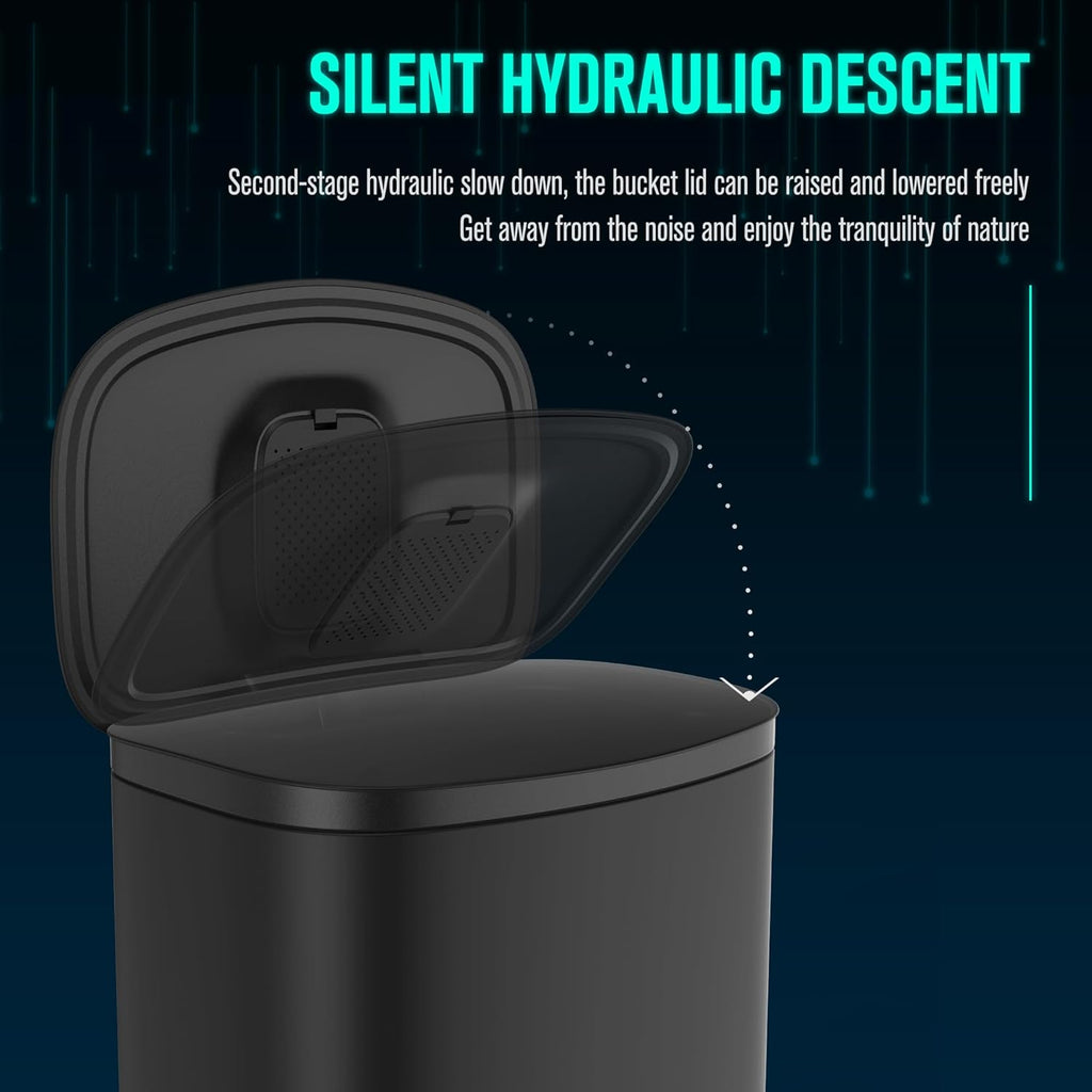 13 Gallon Stainless Steel Foot Pedal Large Trash Can with Soft Close Quiet Curved Surface Top Lid and Deodorant Storage Space, with 30 Garbage Bags for Kitchen/Home/Office Trash can and More - Black
