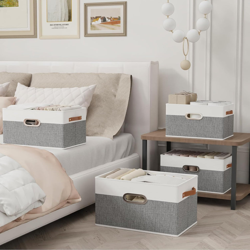 Yawinhe Fabric Storage Baskets, Foldable Closet Organizer for Shelves, Large Boxes with 3 Handles, Canvas Bins for Clothes, White/Grey, 12.99''Lx9.05''Wx7.87''H, 6-Pack