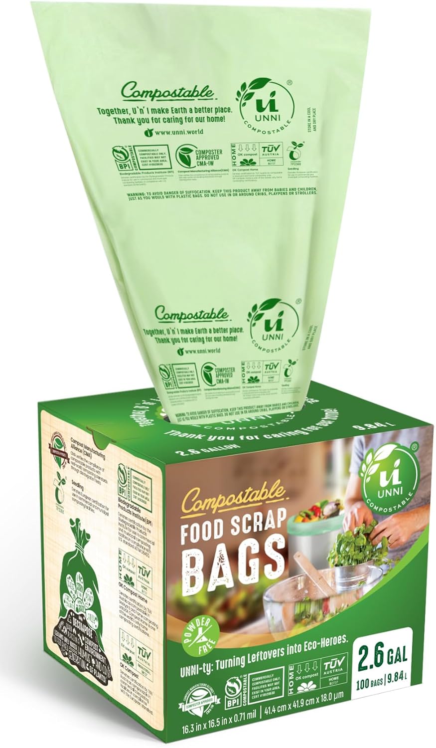 UNNI Compostable Trash Bags, 2.6 Gallon / 9.84 Liter, 100 Count, Extra Thick 0.71 Mil Small Kitchen Food Scrap Bin Liners, Certified by BPI, CMA & OK compost HOME, Meets the ASTM D6400 Standard