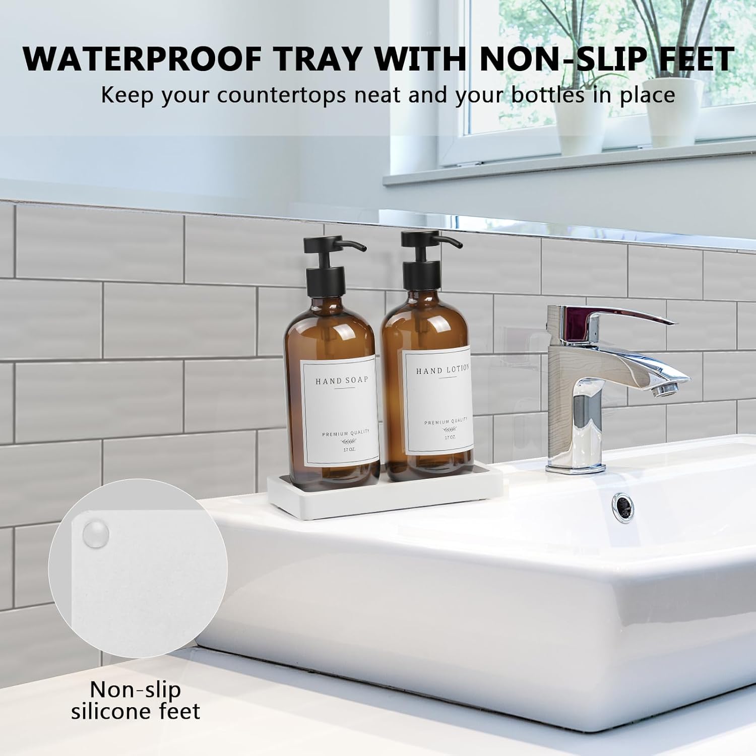 Amber Glass Soap Dispenser - Dish Hand Soap Dispenser for Kitchen, Bathroom Soap Lotion Dispenser with Pump, Refillable Liquid Soap Pump Dispenser Set with Tray, Amber Bottle/Black Pump-pd