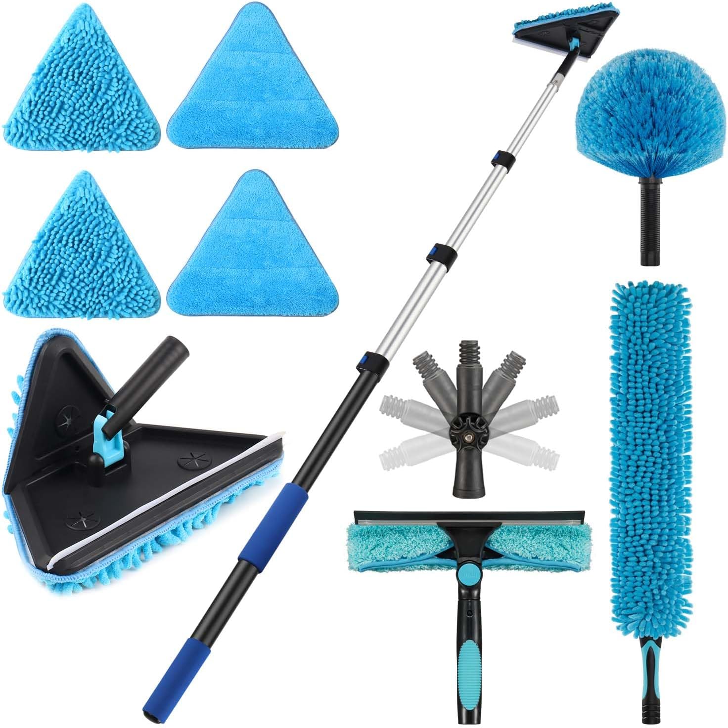 20 Feet High Ceilings Baseboard Wall Cleaner Mop with 12 Ft Extension Pole, Cobweb Duster, Window Cleaning Squeegee Kit (12ft)