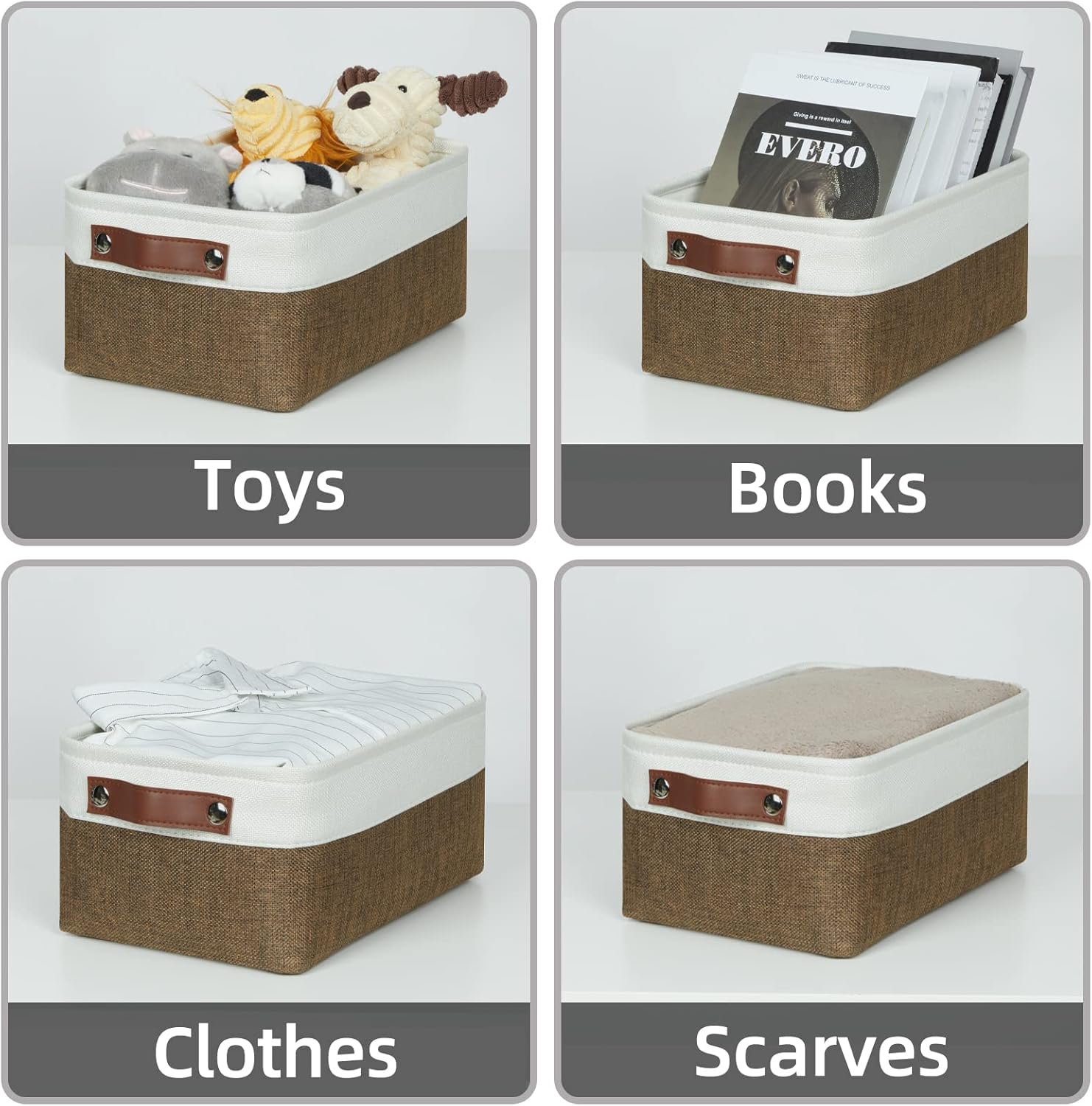 HNZIGE Small Fabric Storage Bins (6 Pack) - Foldable Decorative Baskets with Handles, Empty Gift Baskets for Storage (Brown & White, 11.8" x 7.8" x 5.1")