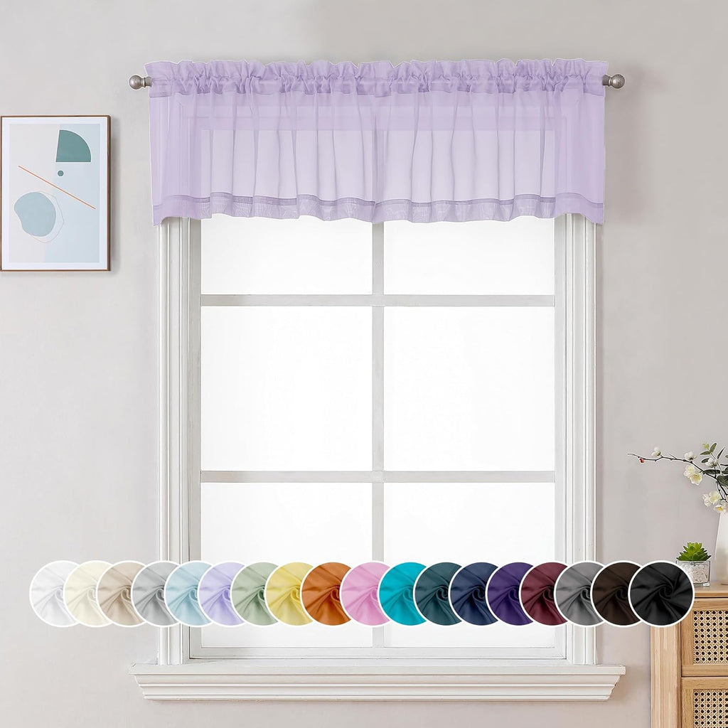 Chyhomenyc Sheer Lilac Valances for Windows 2 Pack, Small Window Curtains for Living Room Bathroom Cafe Laundry Basement, Modern Top Dual Rod Pocket Voile Curtain, 42W x 14L inches, Lilac