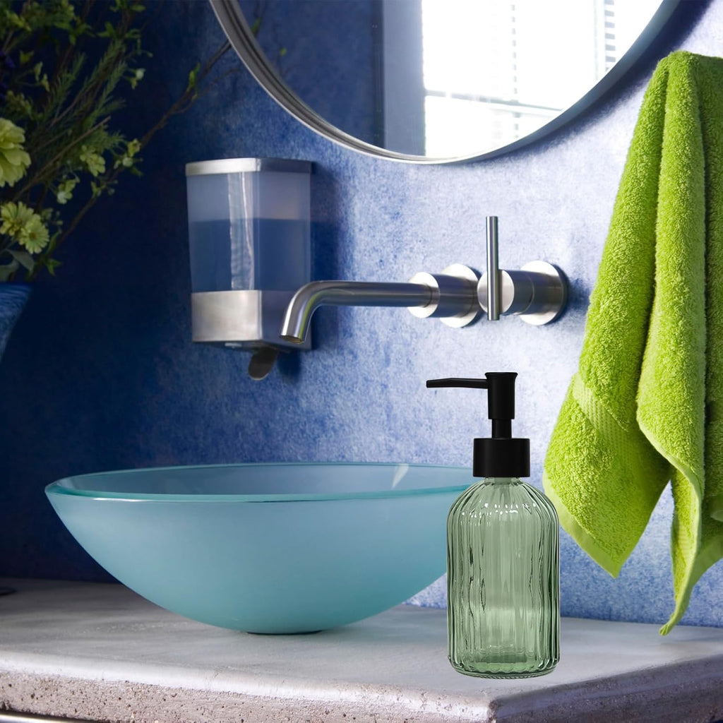 Green Glass Soap Dispenser with Black Plastic Pump, 13.5oz Refillable Liquid Hand Soap Dispenser, Lotion Dish Soap Dispenser for Modern Home Decor, Bathroom, Kitchen Countertop, Hotel
