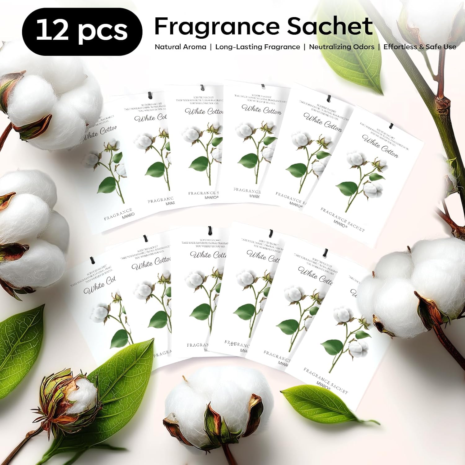 12 Packs Scent Sachets for Closet Clothes Storage - White Cotton Fragrance Long Lasting Home Air Freshener Odor Deodorizer