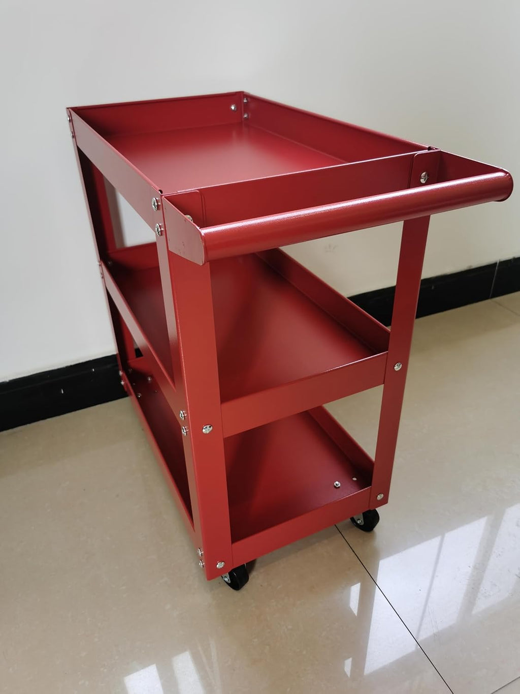Utility Service Cart, 3 Shelf 150LBS Heavy Duty Steel Rolling Utility Cart, Medium Lipped Shelf, 360° Swivel Wheels, Ergonomic Storage Handle for Warehouse Garage, Red