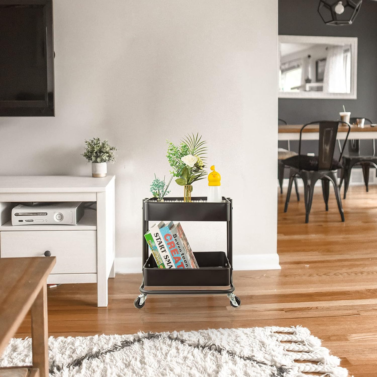 Melody House 2-Tier Metal Utility Rolling Cart Storage Organizer with Cover Board Mobile Trolley Sofa Side Table with Wheels for Office Home Kitchen Organization Black