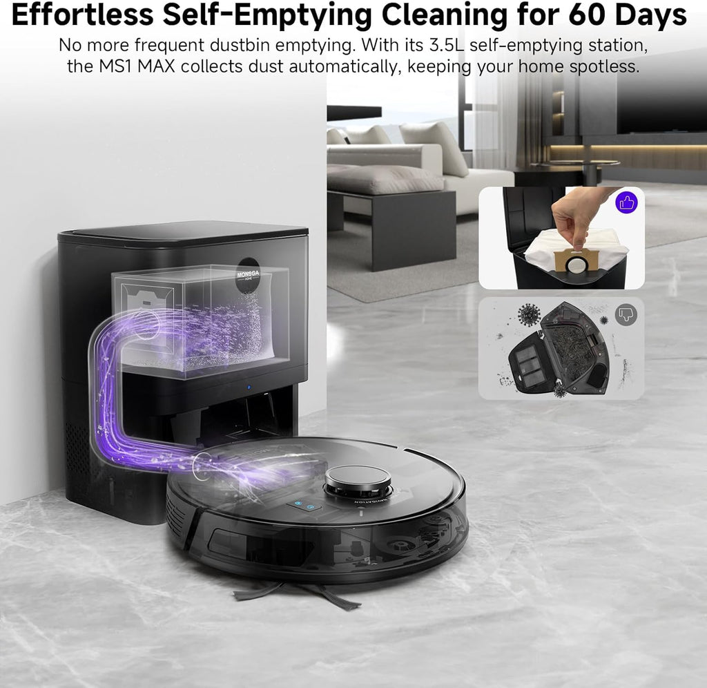 MONSGA Robot Vacuum and Mop Combo, 5000Pa Robotic Vacuum with 3.5L Self Emptying Station, Lidar Navigation Robot Vacuum Cleaner, 180mins Runtime, APP/Remote/Voice Control, for Hard Floors and Carpets