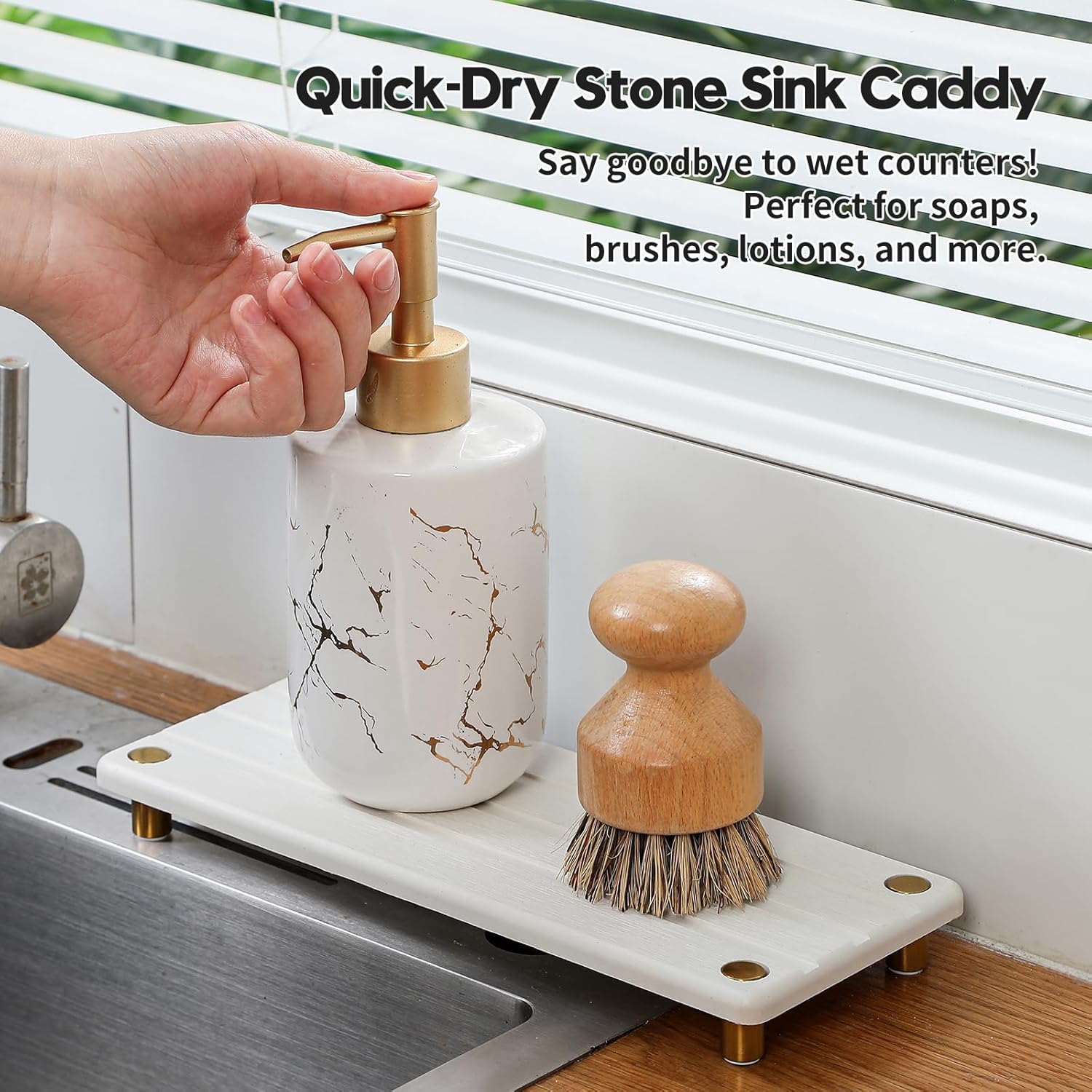 Instant Dry Sink Caddy Kitchen Sink Organizer, Quick Drying Diatomaceous Earth Stone Sink Tray Sponge Holder Soap Dish, Bathroom Countertop Vanity Dispenser Toothbrush, Gold White, 10" x 4"