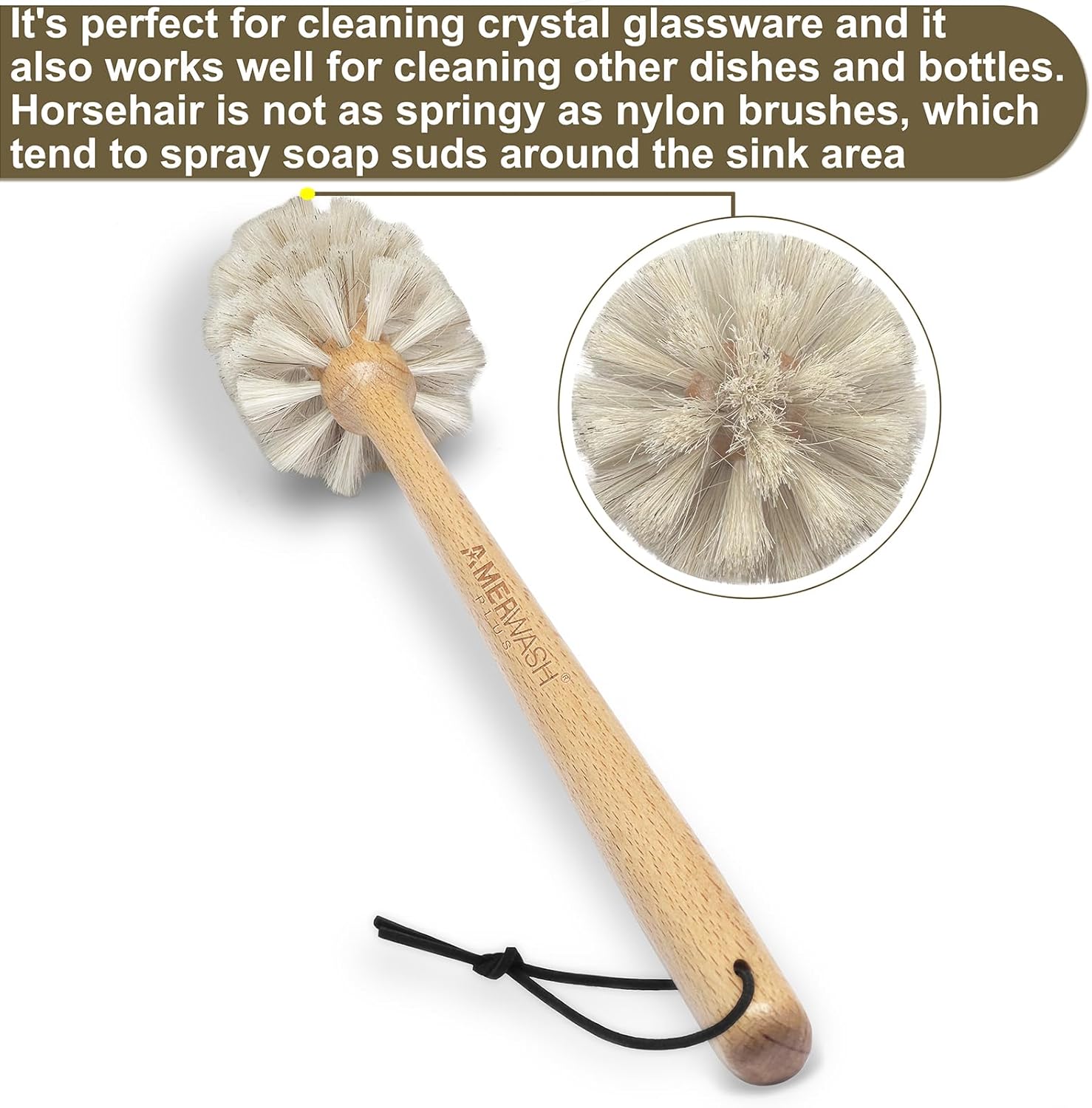 Bottle Brush Cleaner with Horsehair Bristles, 13-3/4 Inch Long Wood Handle Natural Cleaning Brush Cleans and Scrubs Wide Mouth Jars, Glasses, Vases, Mugs and Pitchers