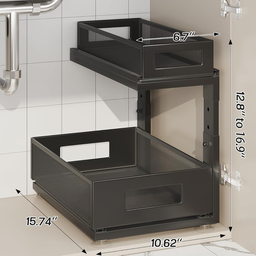 1 Pack 15.74IN-Depth Under Sink Organizer With Next-Gen Ball-Bearing Slides,2-Tier Pull Out Cabinet Storage,Height Adjustable Drawer Shelf for Bathroom,Kitchen,Laundry,Cabinet,Pantry-Black