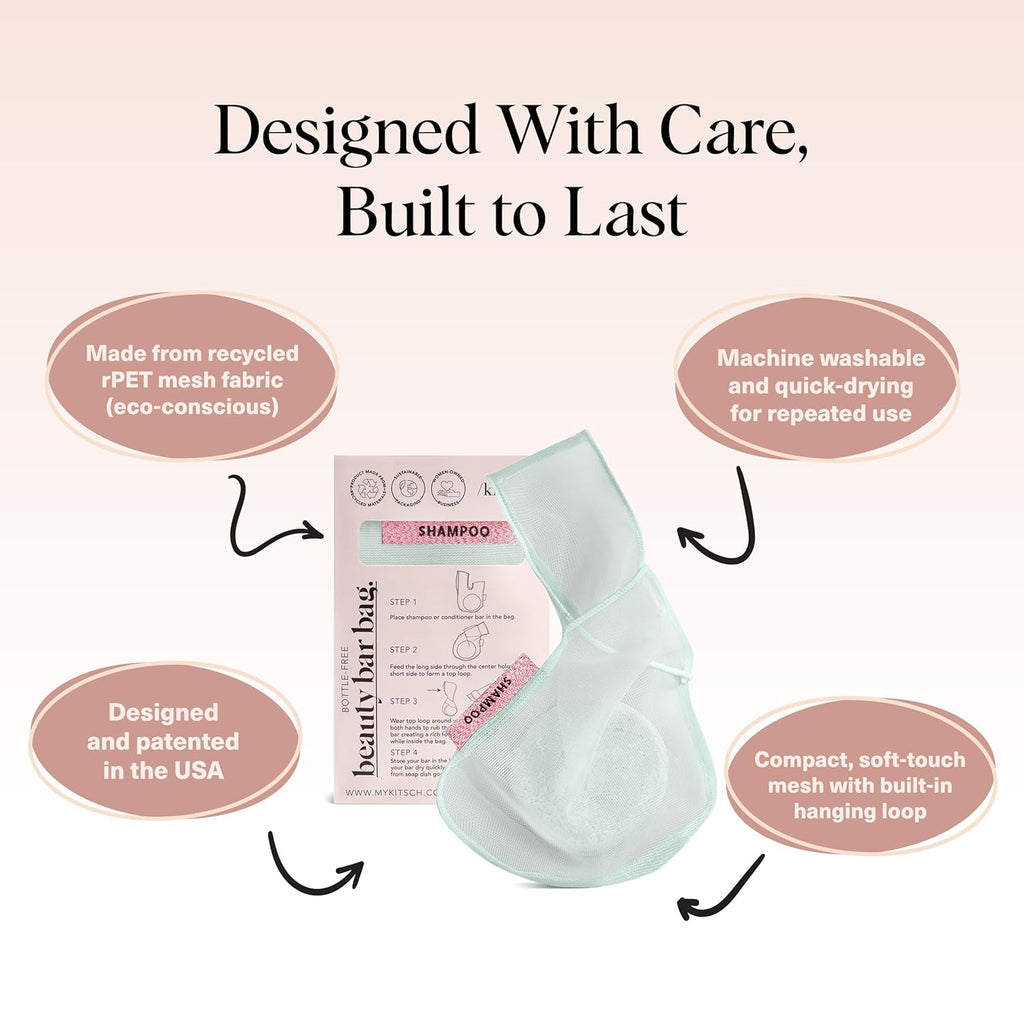Kitsch Bar Soap Saver Bag – Patented Mesh Bag Soap Holder for Shampoo and Conditioner Bars - Extends Use & Prevents Soggy Mess - Recycled Mesh Beauty Pouch, Eco-Friendly – Mint