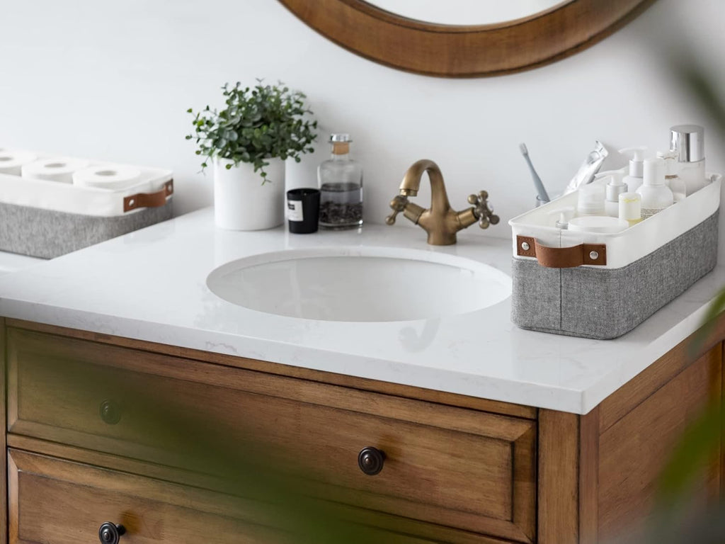 StorageWorks Narrow Storage Bins, Small Basket for Closet and Shelves, Fabric Organizer with Handles, Toilet Paper Storage, Grey and White, 2-Pack