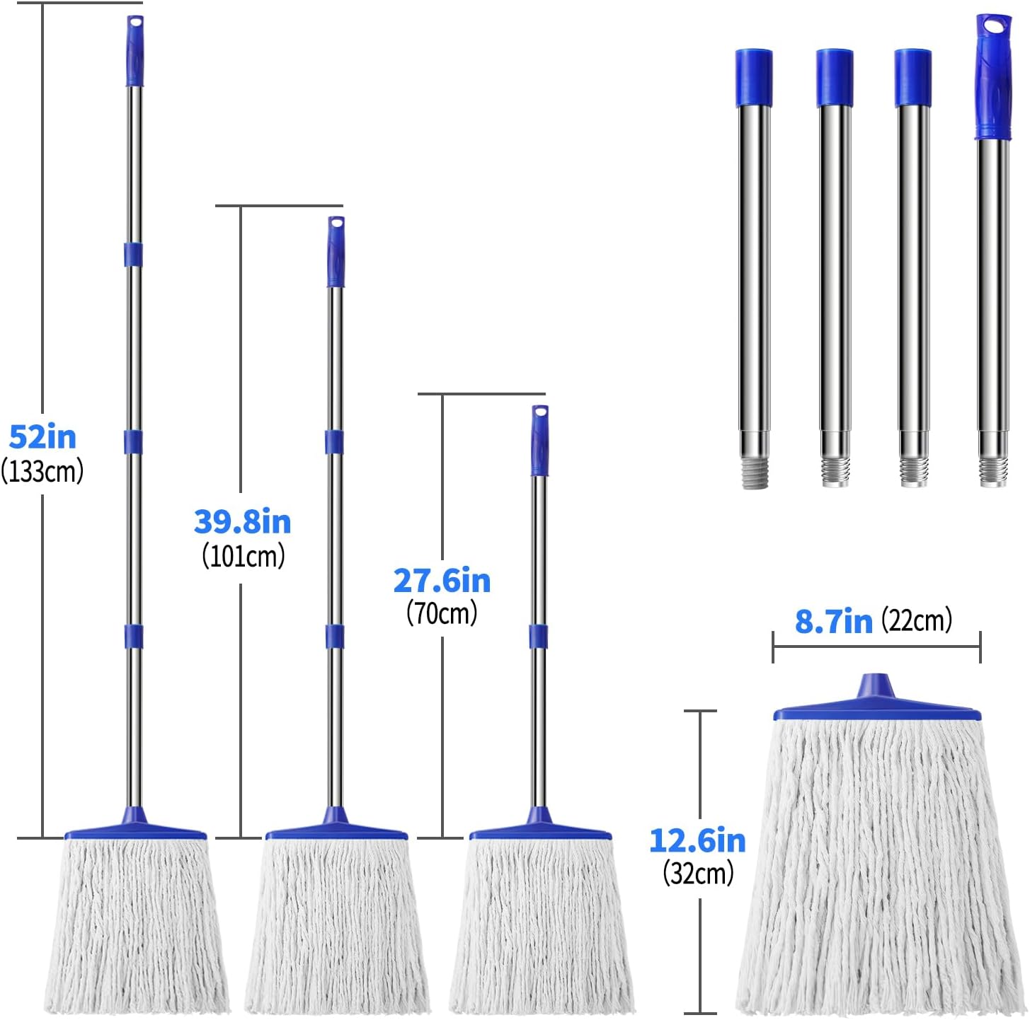 Indoor Cotton Mops for Floor Cleaning - Indoor Cleaning Mop for Wood Floors, Tile, Hardwood Floor, 52" Adjustable Stainless Steel Handle Mops to Clean Living Room, Kitchen,Bathroom. (White Blue)