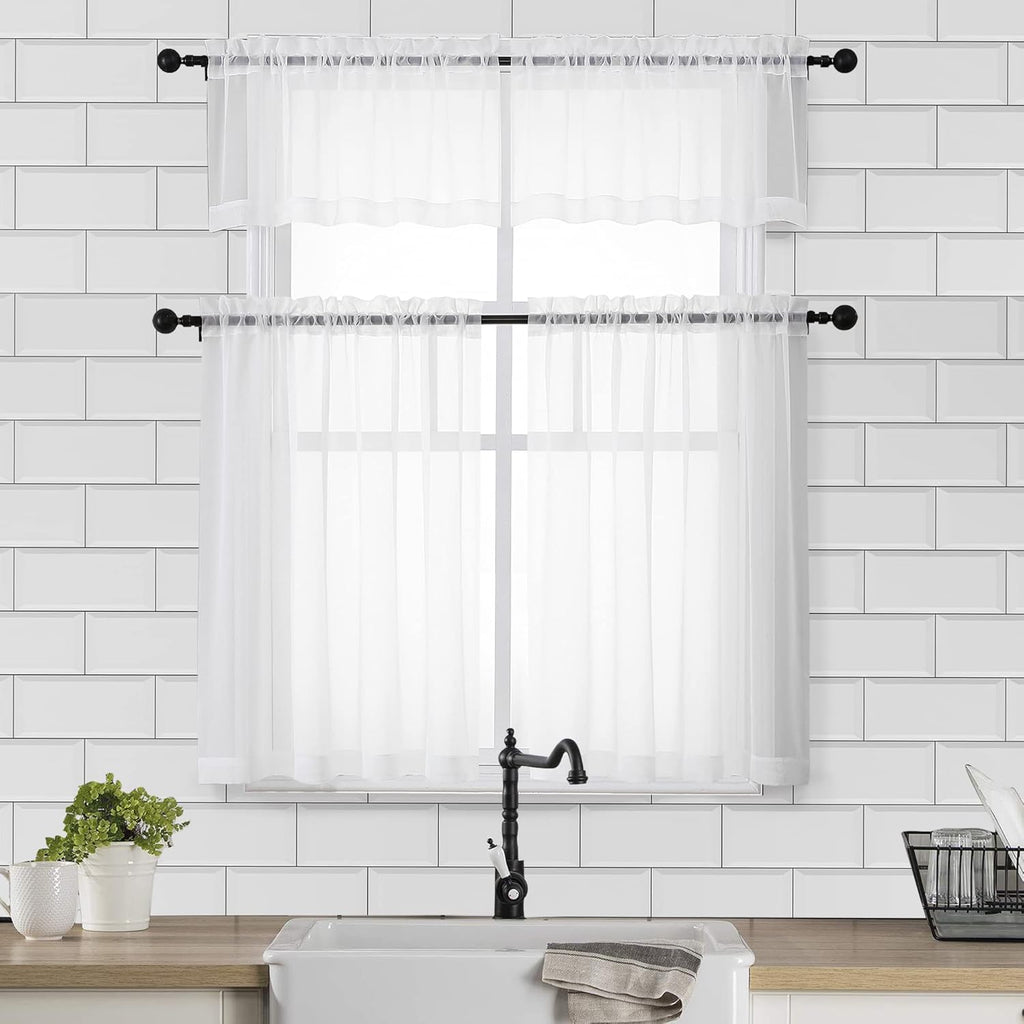 Chyhomenyc White Sheer Curtains 30 inch Length 2 Panels, Light Filtering Voile Rod Pocket Short Window Curtians for Bathroom Living Room Farmhouse Small Windows, 42Wx30L inches