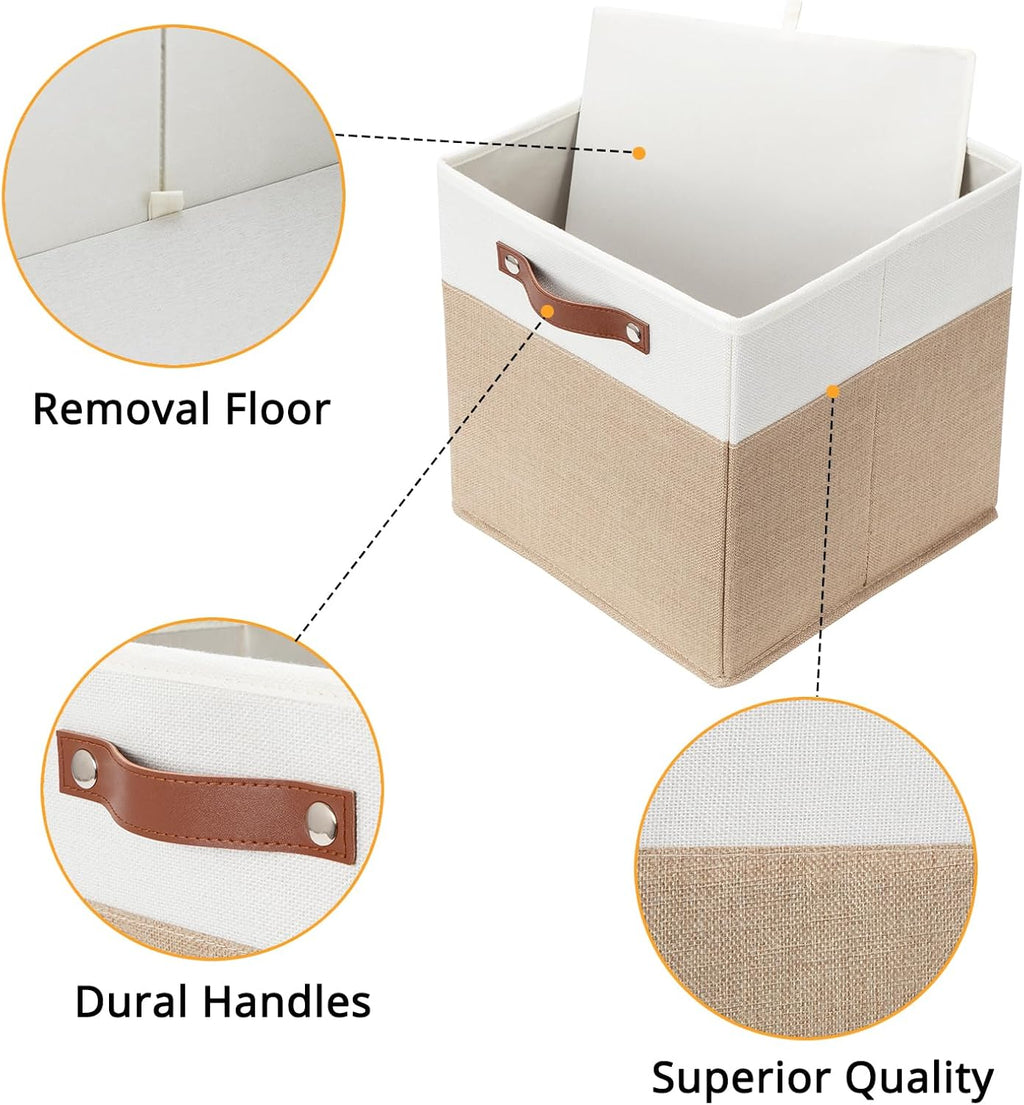 DULLEMELO Cube Storage Bins,12 x 12 x 12 inch Fabric Storage Cubes for Organizing,Collapsible foldable Linen Canvas Closet Storage Bins for Shelves Closet Bedroom Toys Home Office(White&Khaki-4 Pack)