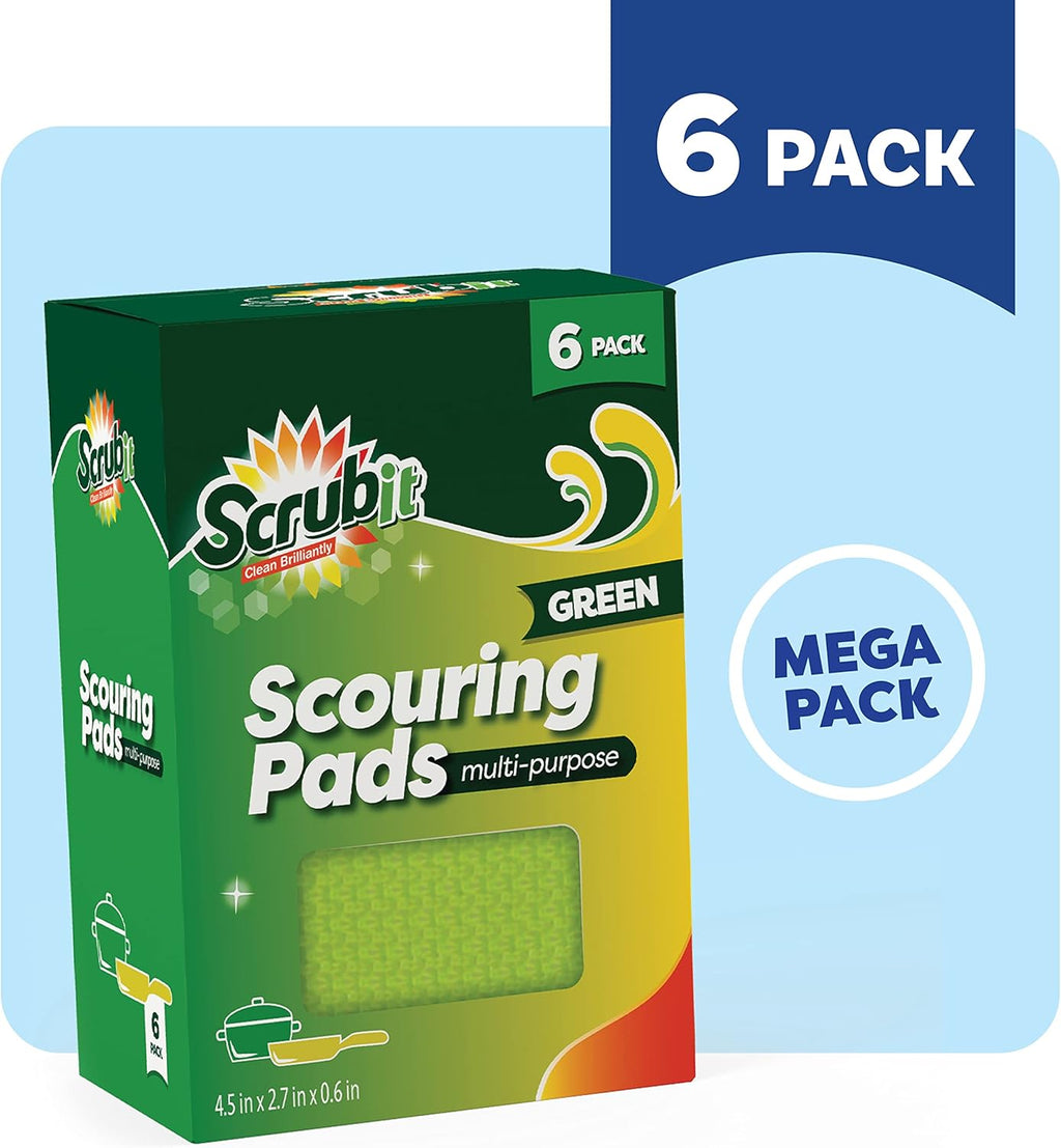 SCRUBIT Multi-Purpose Scouring Pad - Non-Scratch Cleaning Sponges for Pots, Pans, Dishes, Utensils & Non-Stick Cookware - Scrubbing Pads Use for Kitchen, Bathroom - 6 Pack Dish Sponge (Green)