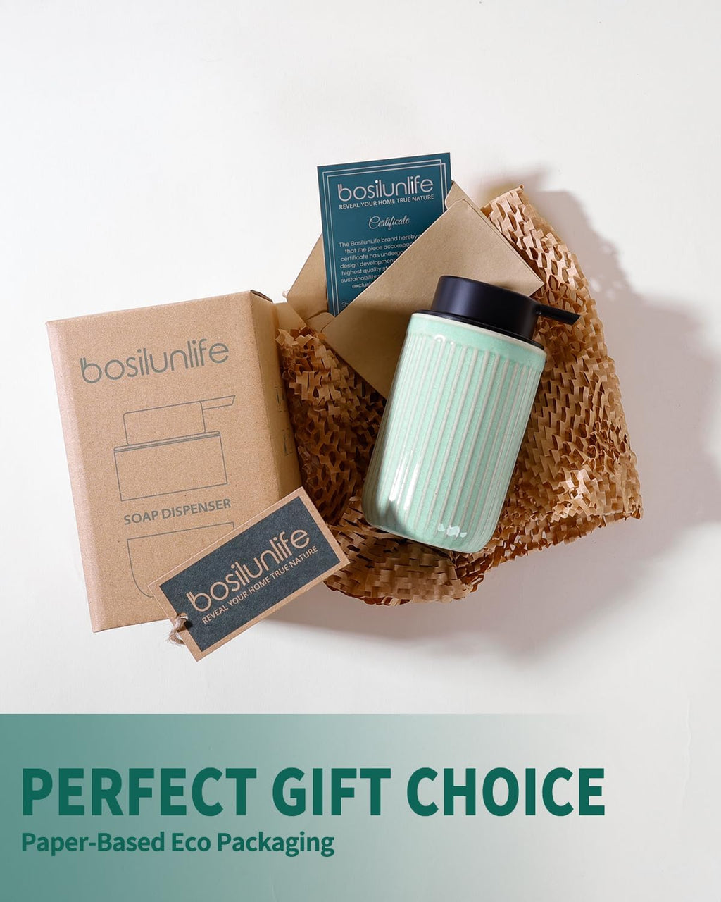 BosilunLife Dish Hand Soap Dispenser - Liquid Pump Soap Dispenser for Bathroom Deco Light Green 12oz Ceramic Kitchen Dish Dispenser with Rust-Proof Liquid Pump Modern Refillable Lotion Bottles