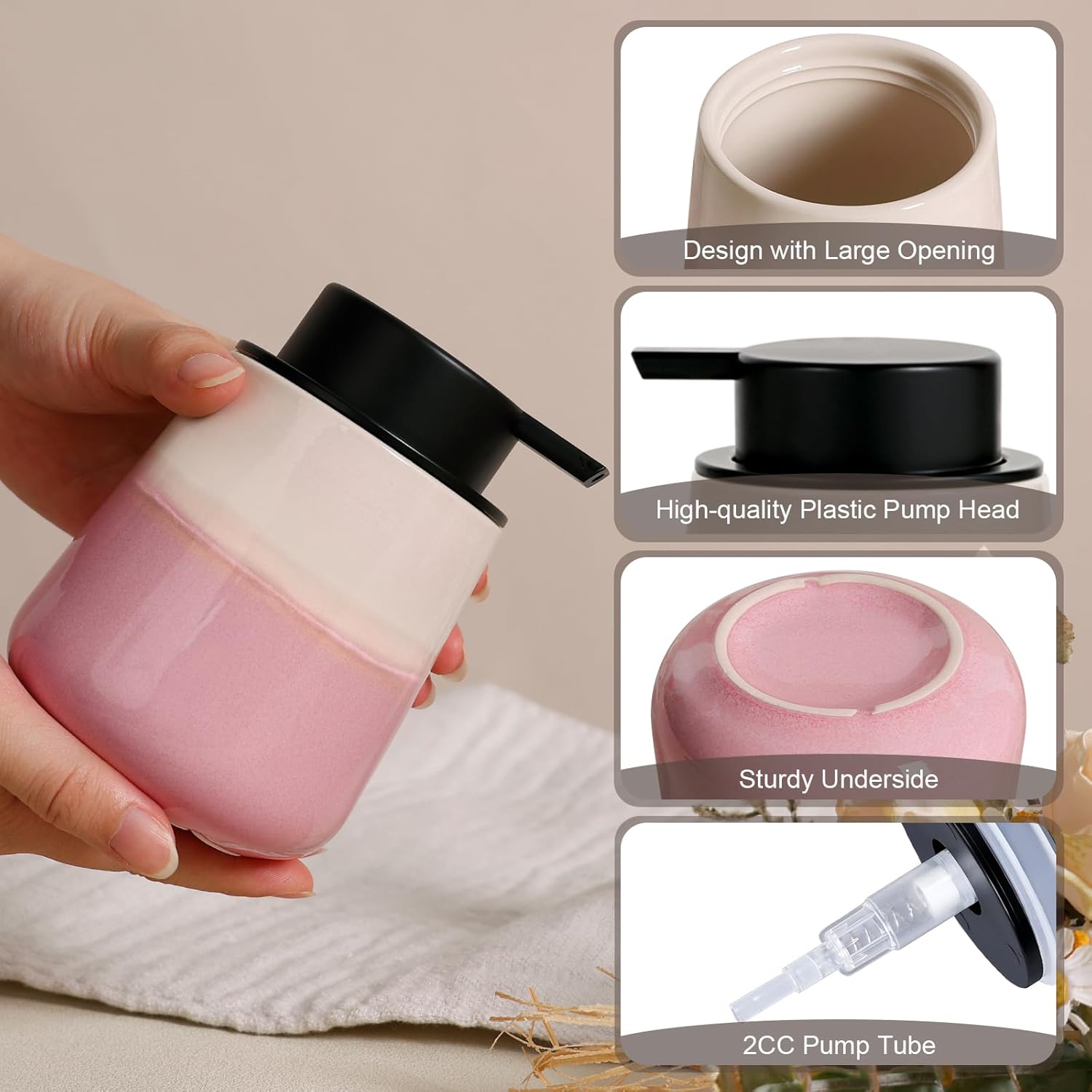 INGOFIN Ceramic Hand Soap Dispenser - 12 oz Liquid Lotion Dispenser Bathroom, Refillable Modern Dish Soap Dispenser with Pump for Kitchen, Beige and Pink