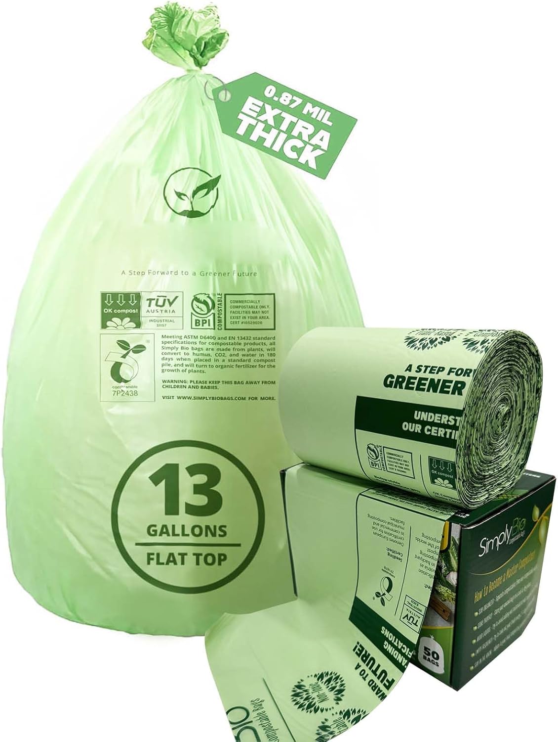 13 Gallon Compostable Trash Bags with Flat-Top, Thick 0.87 Mil, 49.21 Liter, 50 Bags, Tall Kitchen Food Scrap Waste Bag, ASTM D6400, US BPI and OK Compost Home Certified