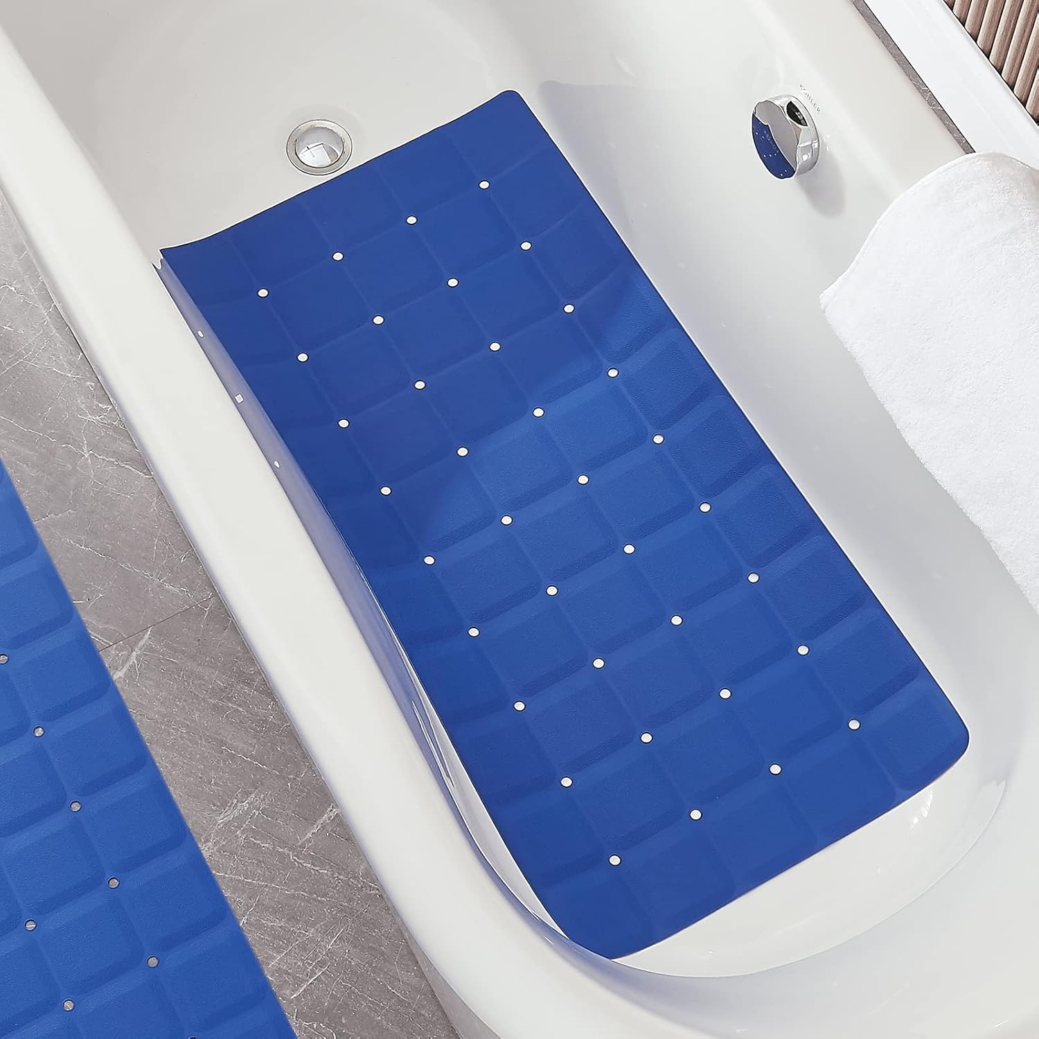 Foldable Silicone Bathtub Mat: Jumbo Size Heavy Duty Safety Bath Mat for Tub Without Suction Cups Non Slip Bath & Shower Mat for Textured, Reglazed, Refinished Tub (Navy Blue, 35.8 x 17.7)