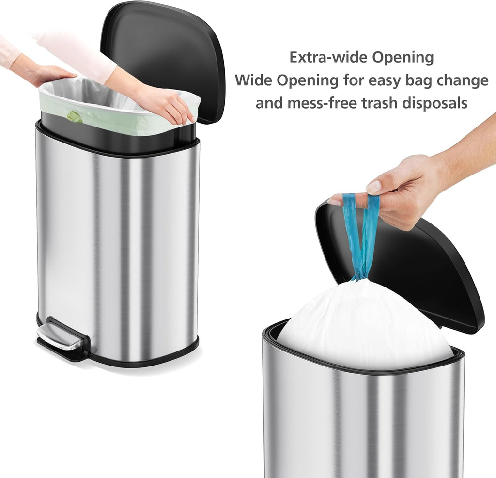 13.2 Gal/50L D-Shape Trash Can, Step-On Stainless Steel Garbage Can, Soft-Close Lid, Anti-Fingerprint Surface, Recycling Bin with Removable Inner Basket for Kitchen Dining Room