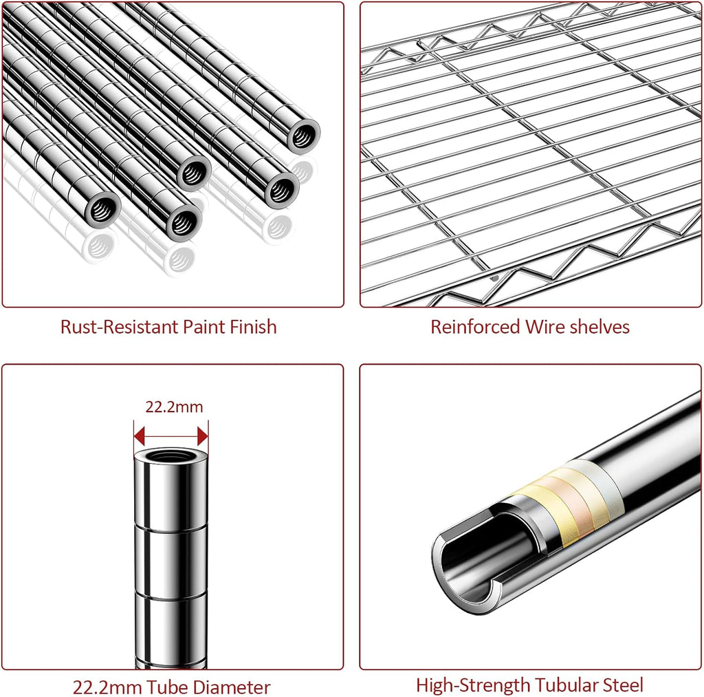 IZEUK 5-Tier Storage Shelving Unit with Wheels, Adjustable Heavy Duty Steel Wire Rack Organizer (Chrome, 17.7" D x 47.2" W x 76.7" H, 1750 lbs Capacity) for Garage, Kitchen, Pantry, Laundry, Basement