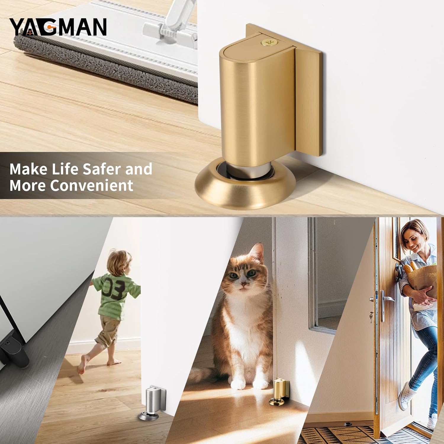 2 Pack Magnetic Door Stoppers Retractable Bottom of Door Holder No Drilling Mount Floor Door Stop with Screws and Adhesive Catch Door Keep Door Open Brushed Gold BG-2