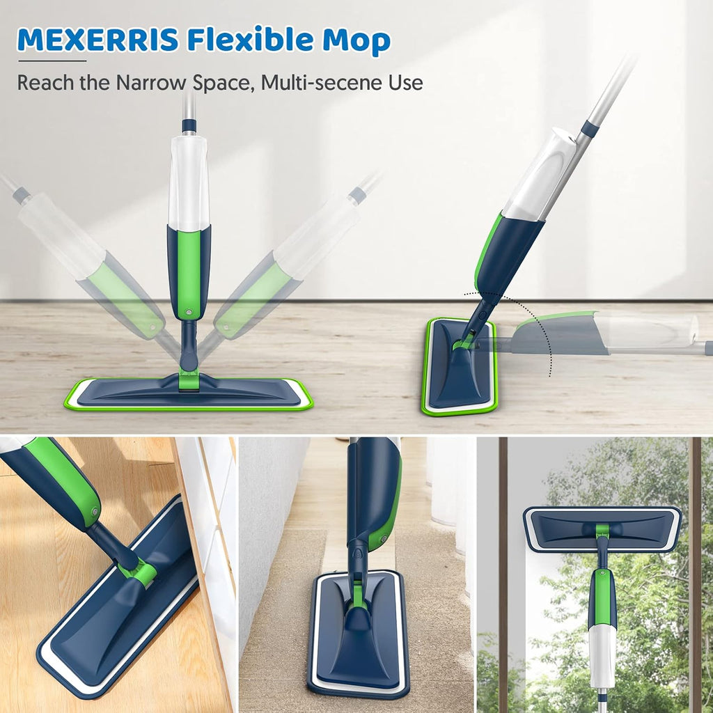 MEXERRIS Spray Wet Mops with 5X Washable Pads for Floor Cleaning, Dust Mops with 2X Bottles Commercial Home Use for Hardwood Laminate Vinyl Tiles Wood Floor, Green