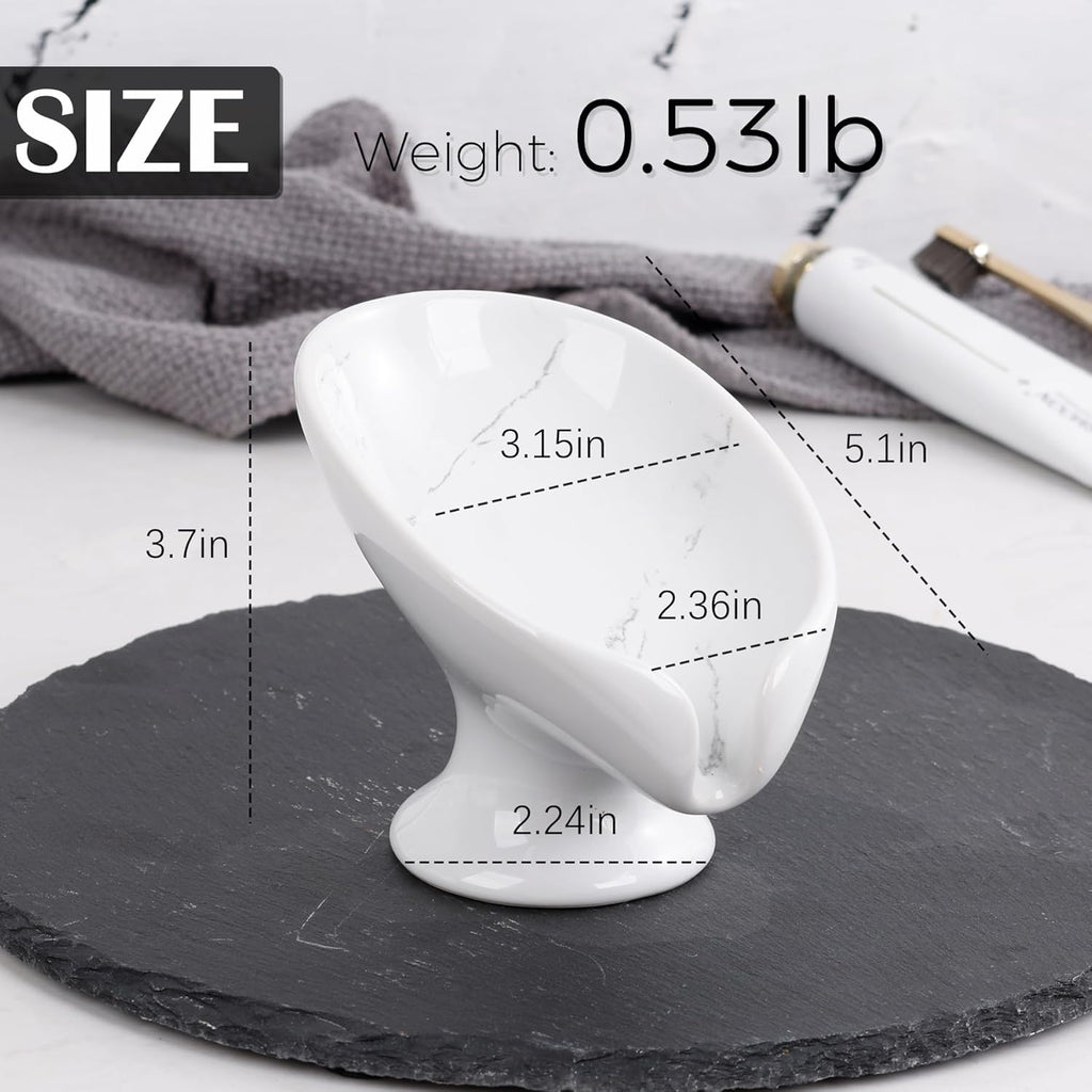 Soap Dish, Self Draining Bar Soap Holder for Bathroom Sink, Leaf Shaped Drainage Ceramic Marble Porcelain Decorative Soap Dish, No Suction Cup, ANTIS'S HOME